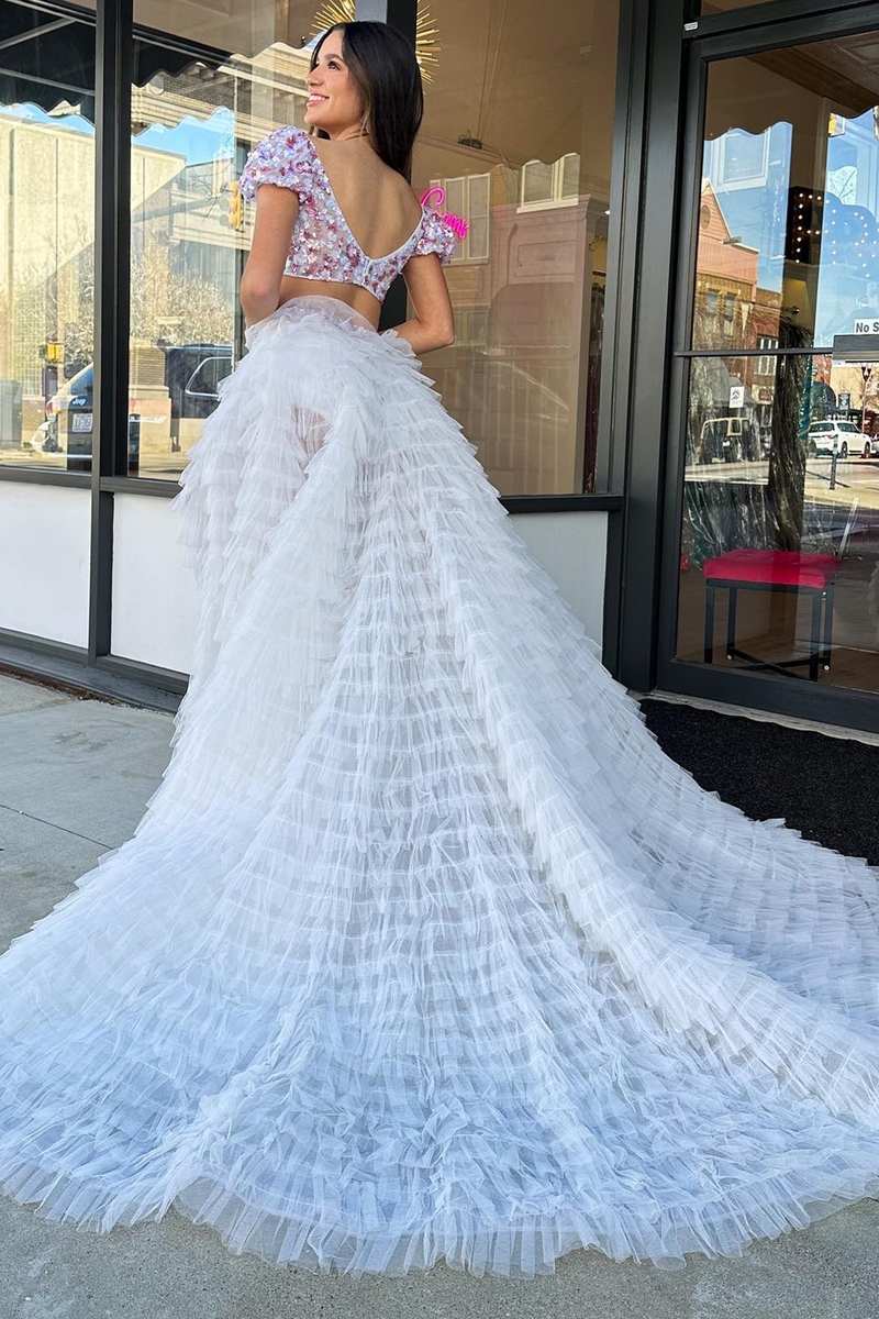 A line Square Neck Tulle Prom Dress with Ruffles