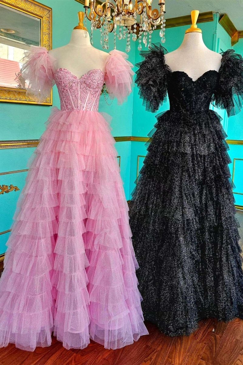 A line Off-the-Shoulder Glitter Tulle Prom Dress with Slit