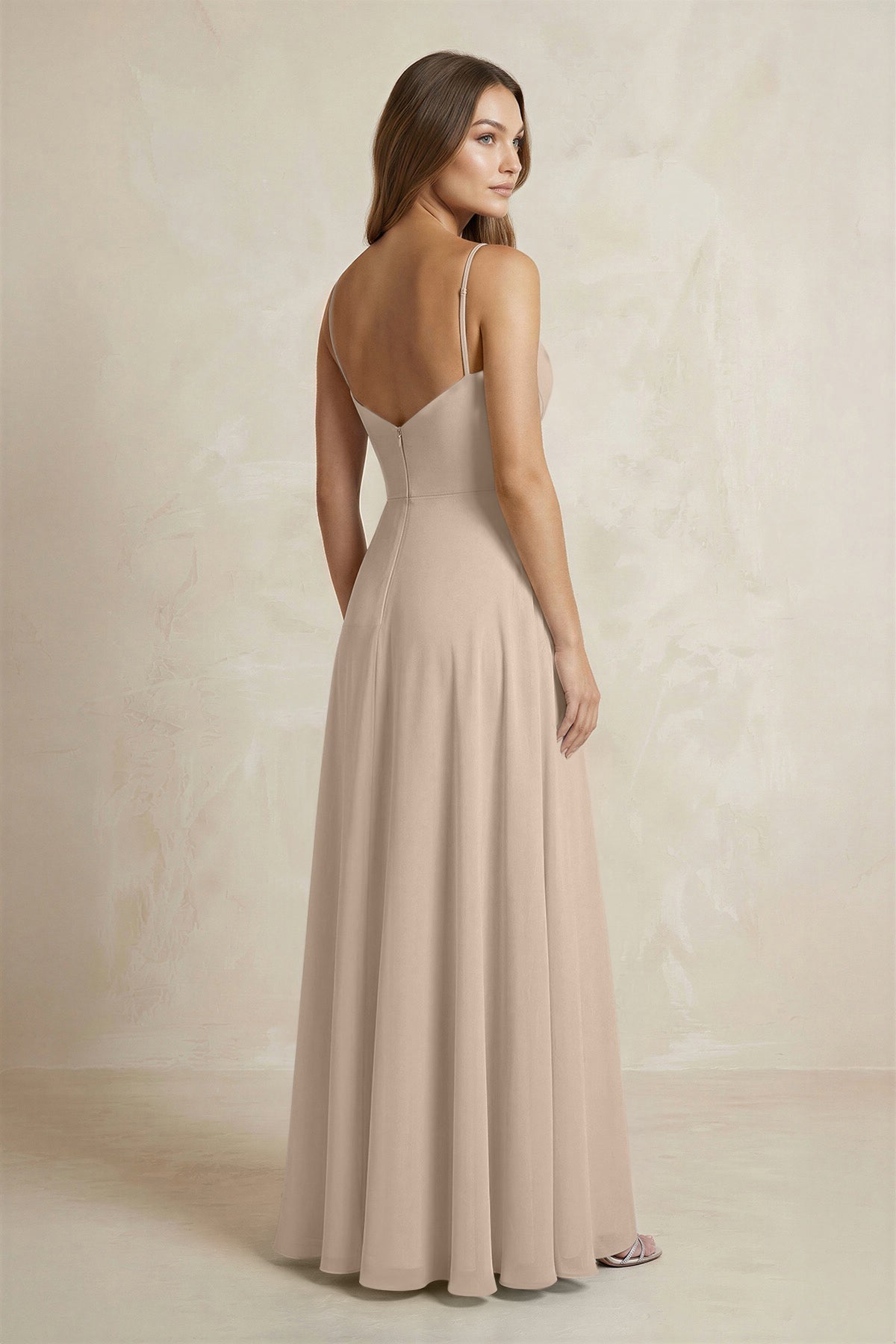 A-Line Cami Strap Chiffon Bridesmaid Dress With Slit in Almond