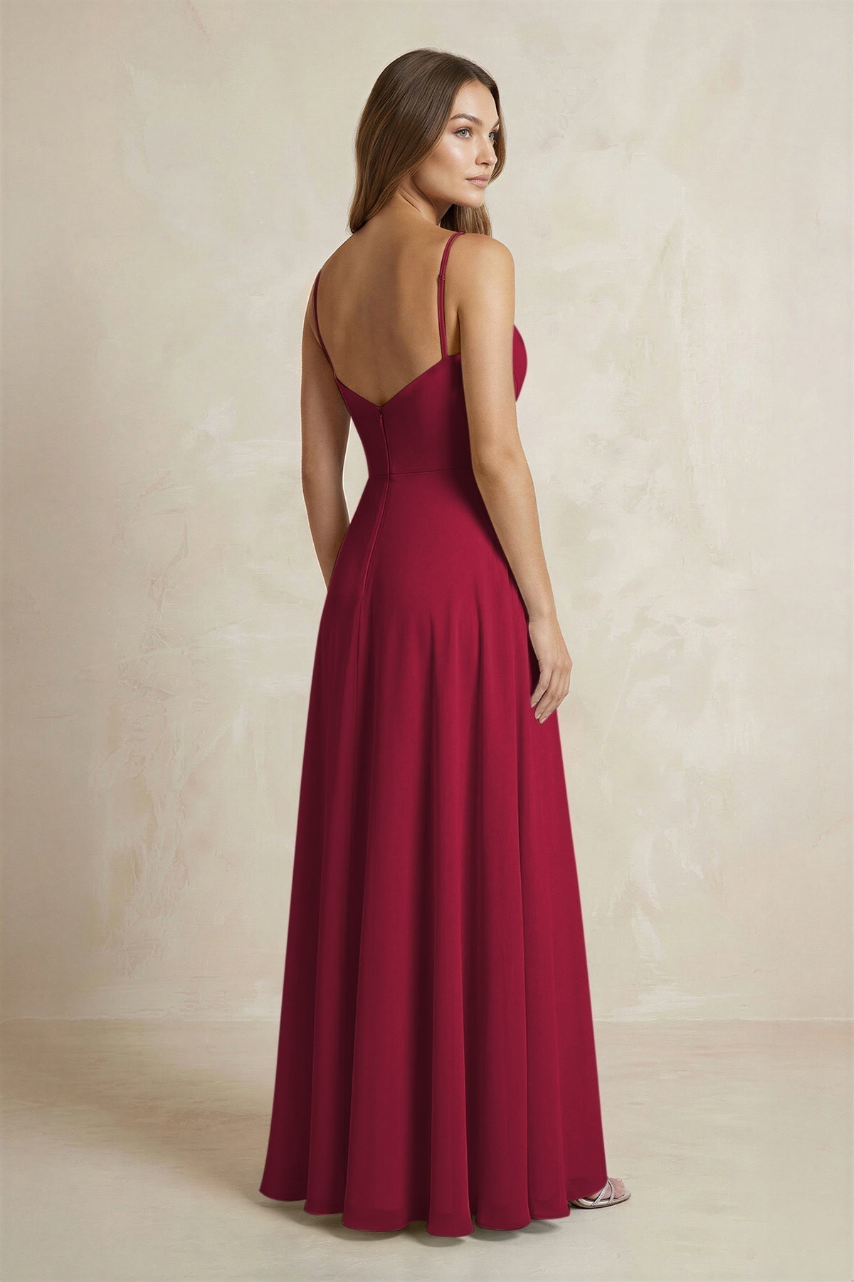 A-Line Cami Strap Chiffon Bridesmaid Dress With Slit in Berry