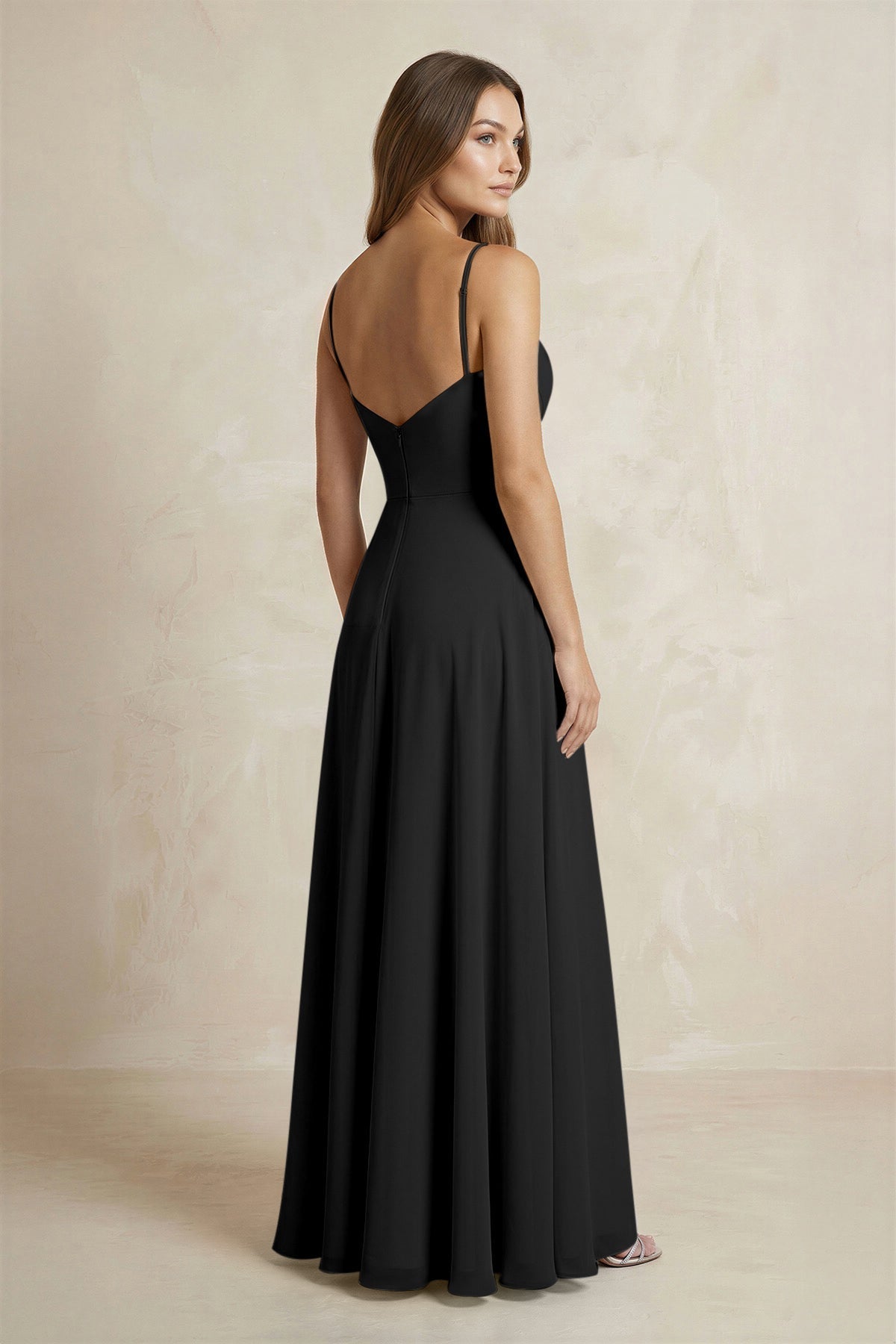 A-Line Cami Strap Chiffon Bridesmaid Dress With Slit in Black