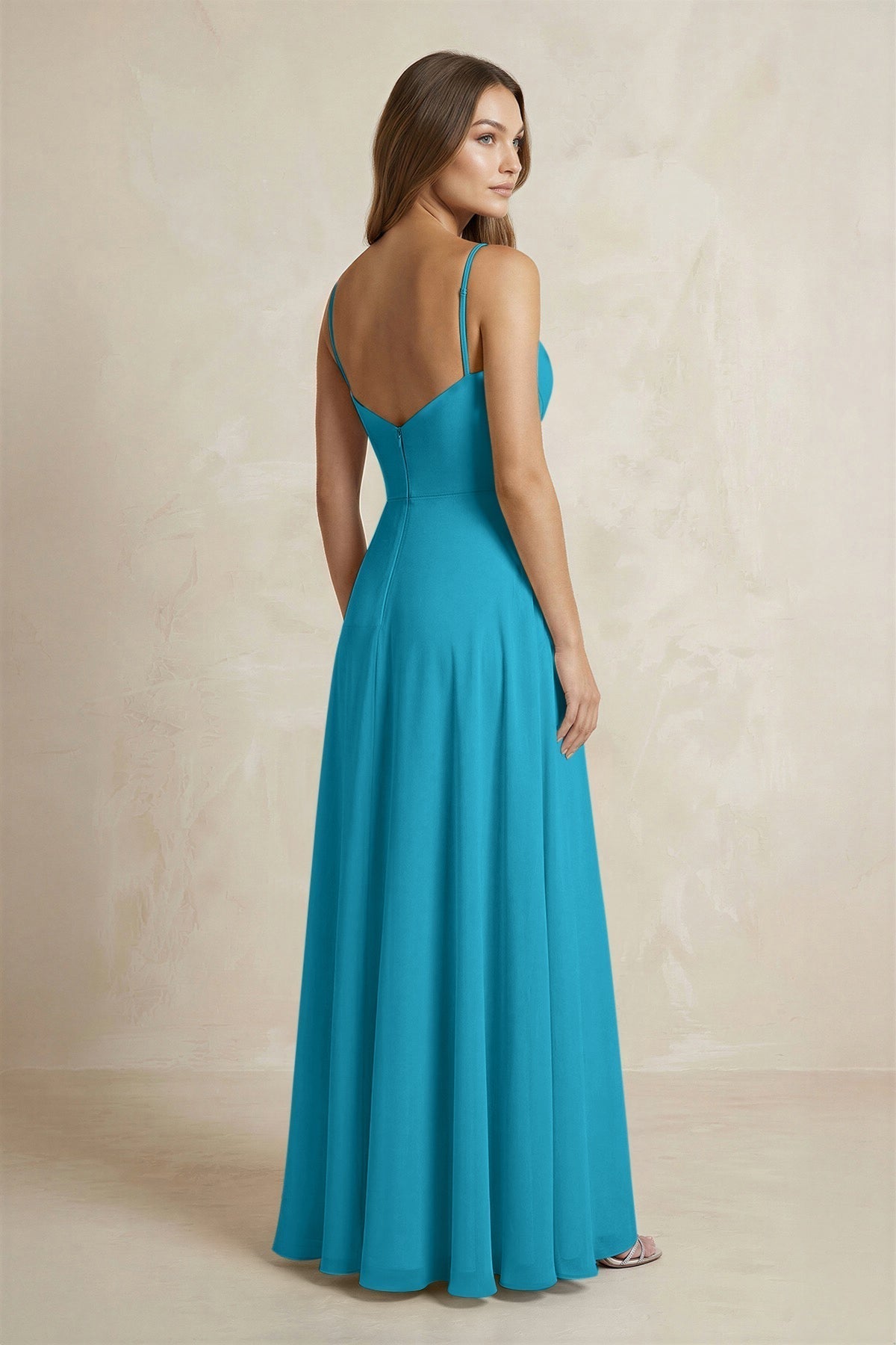 A-Line Cami Strap Chiffon Bridesmaid Dress With Slit in Blue Jay