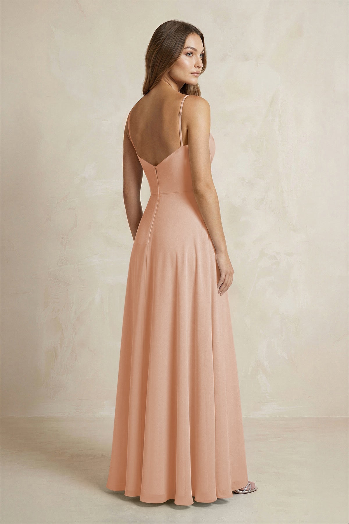 A-Line Cami Strap Chiffon Bridesmaid Dress With Slit in Champagne Rose