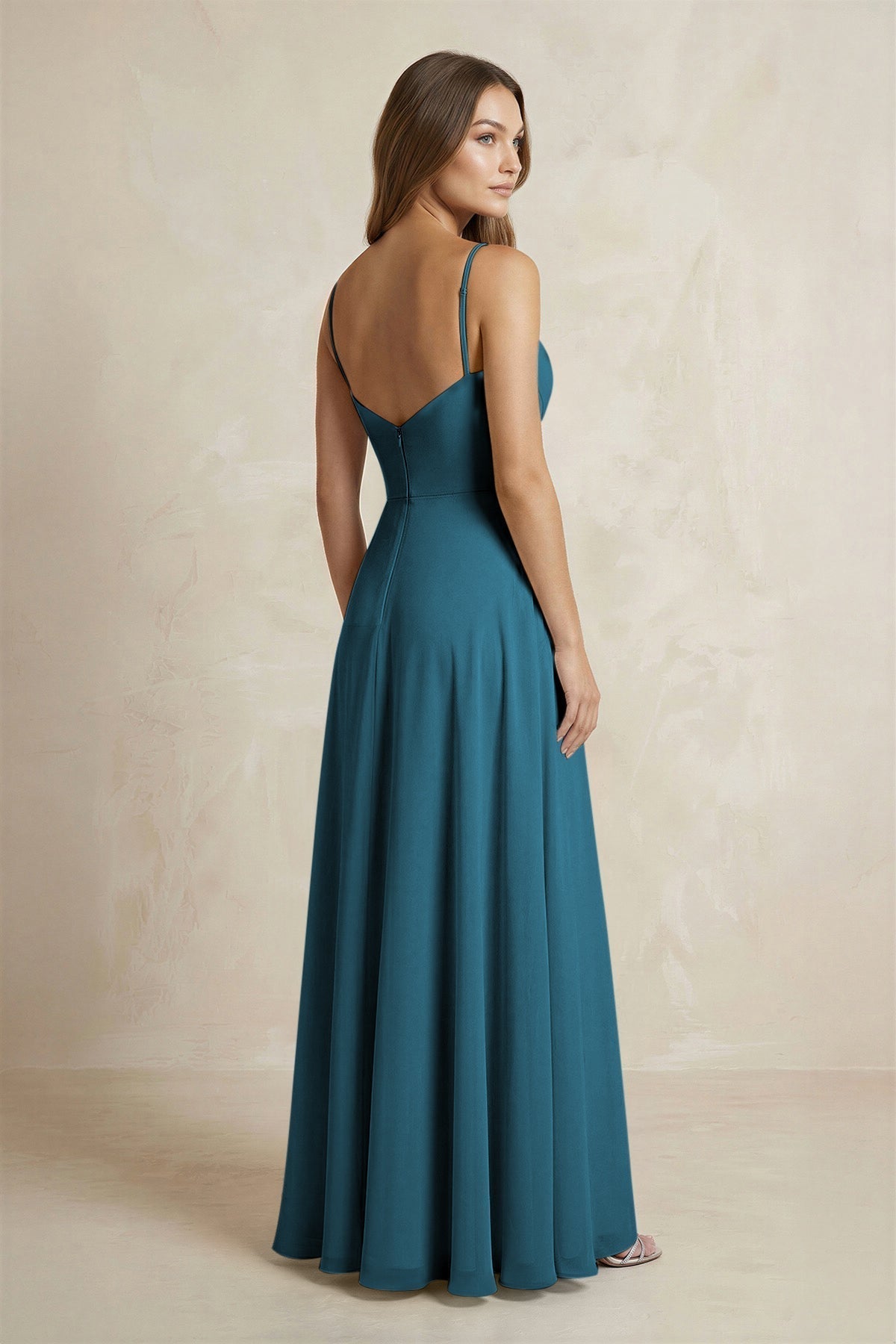 A-Line Cami Strap Chiffon Bridesmaid Dress With Slit in Dark Teal