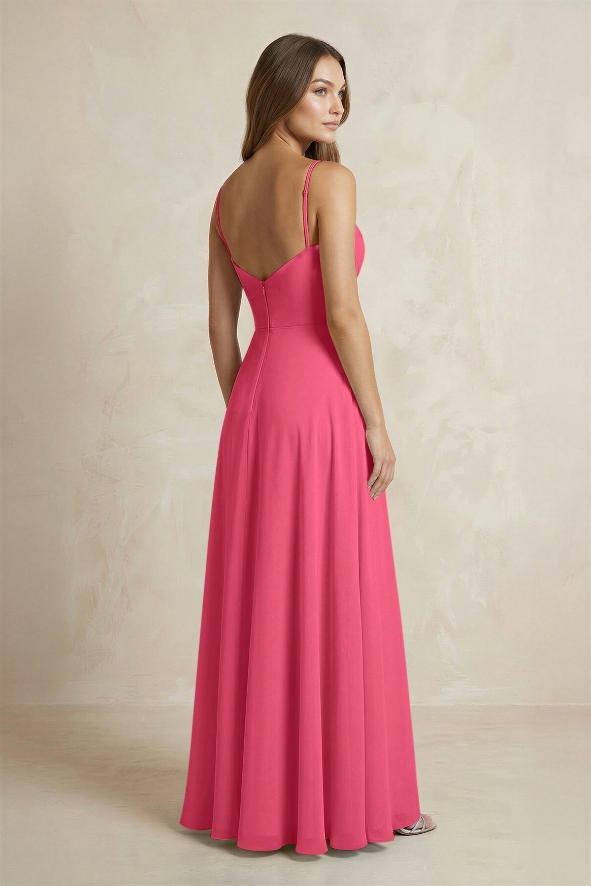 A-Line Cami Strap Chiffon Bridesmaid Dress With Slit in Fuchsia
