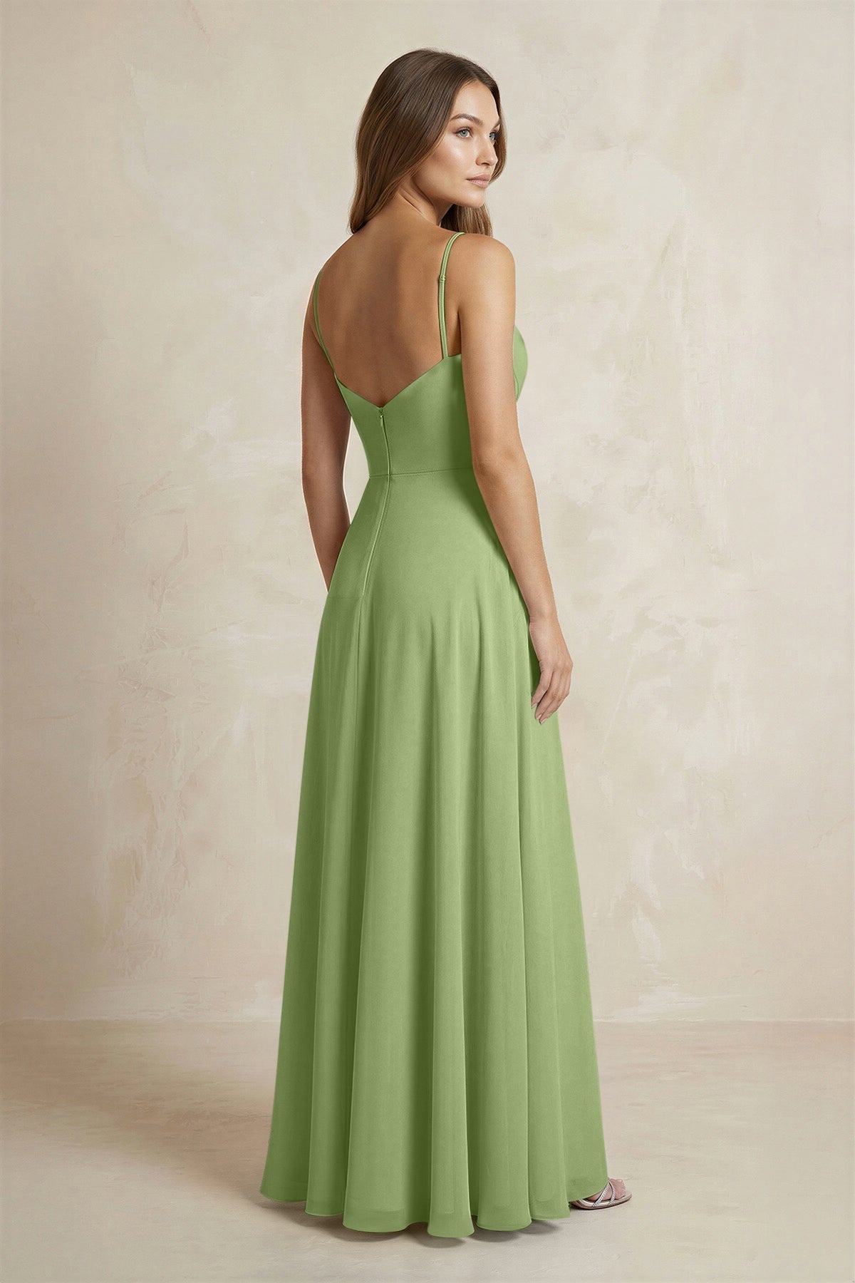 A-Line Cami Strap Chiffon Bridesmaid Dress With Slit in Matcha