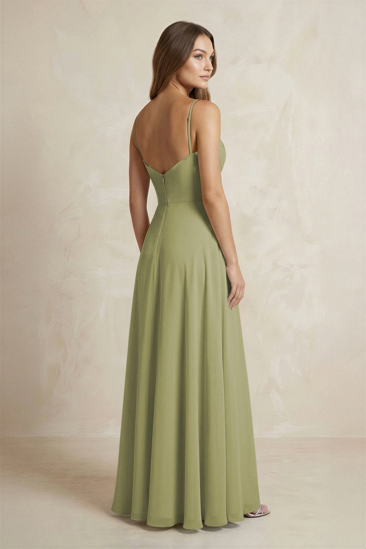 A-Line Cami Strap Chiffon Bridesmaid Dress With Slit in Moss Green