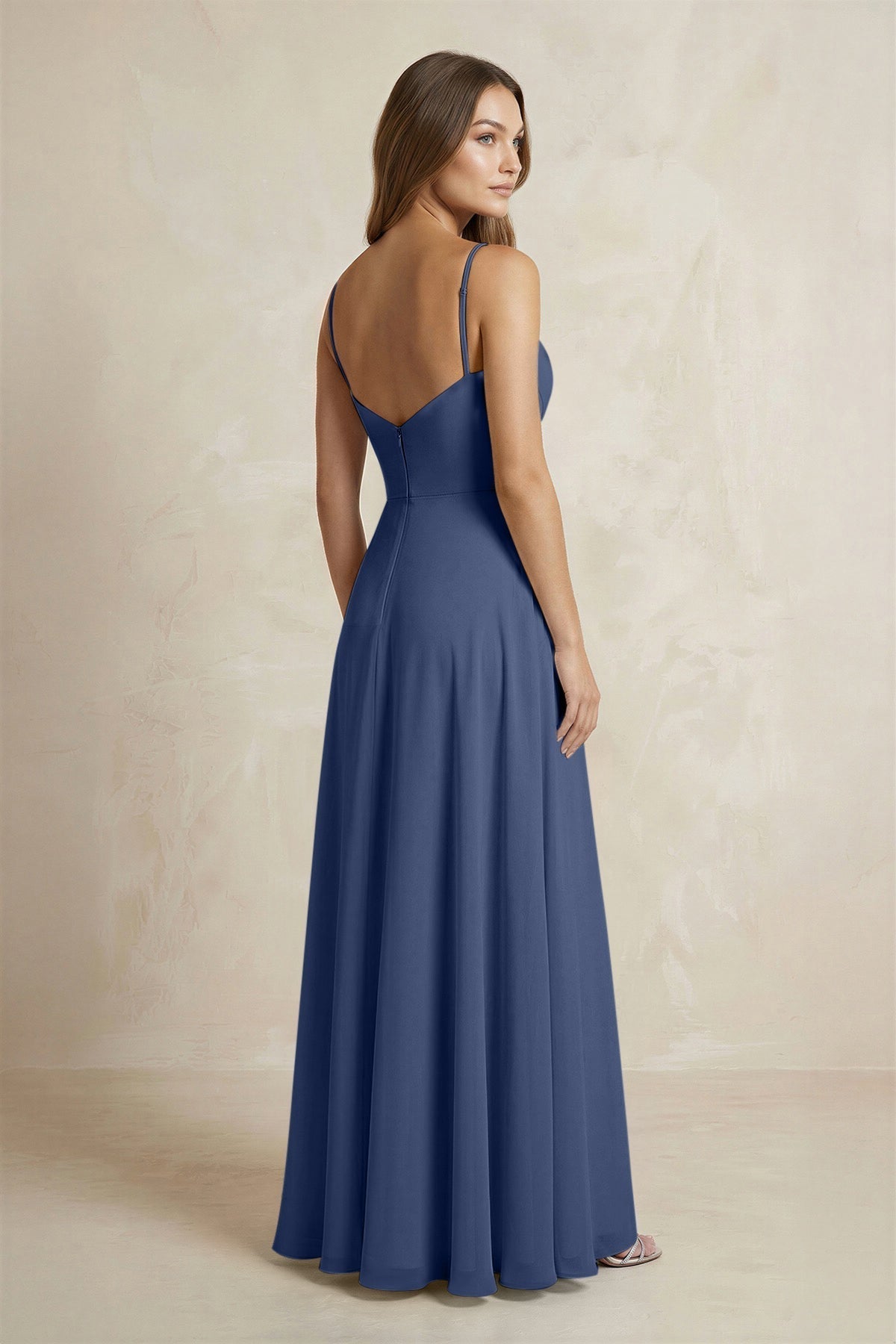 A-Line Cami Strap Chiffon Bridesmaid Dress With Slit in Navy