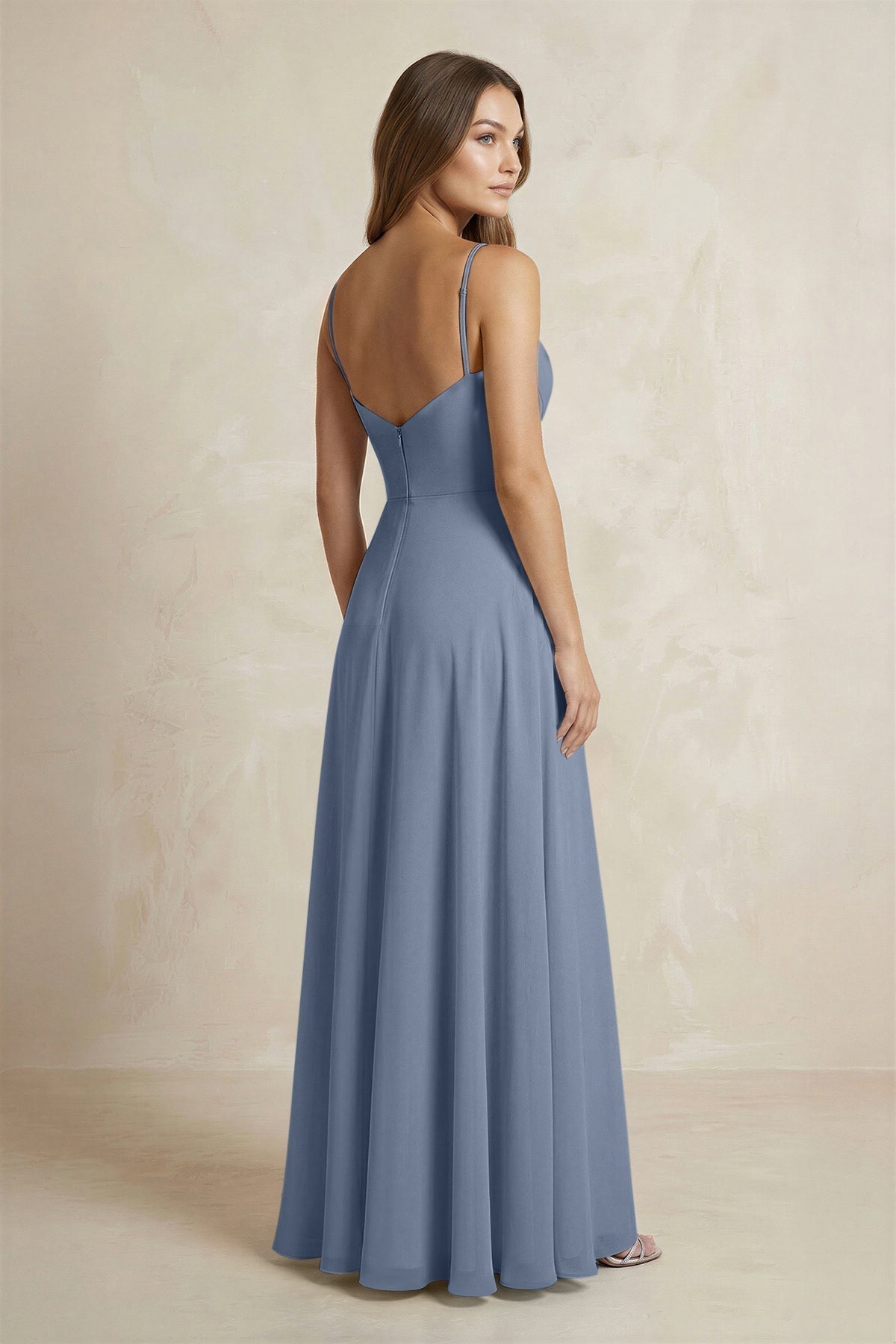 A-Line Cami Strap Chiffon Bridesmaid Dress With Slit in Neptune