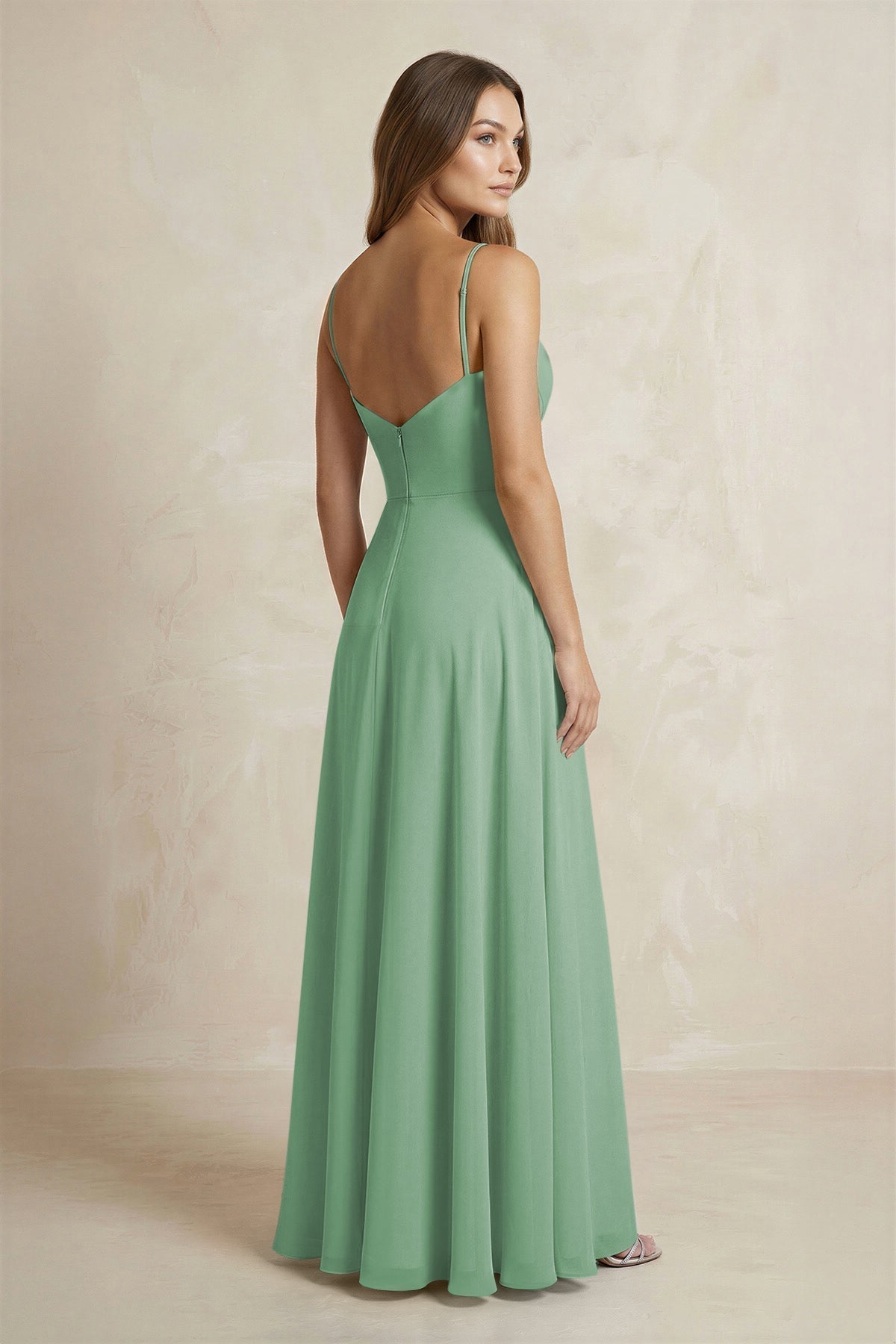A-Line Cami Strap Chiffon Bridesmaid Dress With Slit in Sea Glass