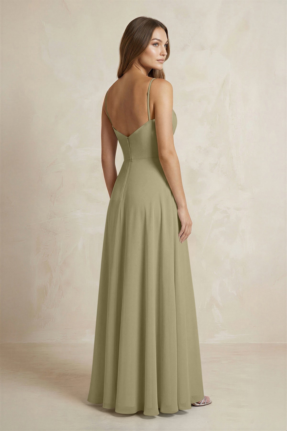 A-Line Cami Strap Chiffon Bridesmaid Dress With Slit in Thyme