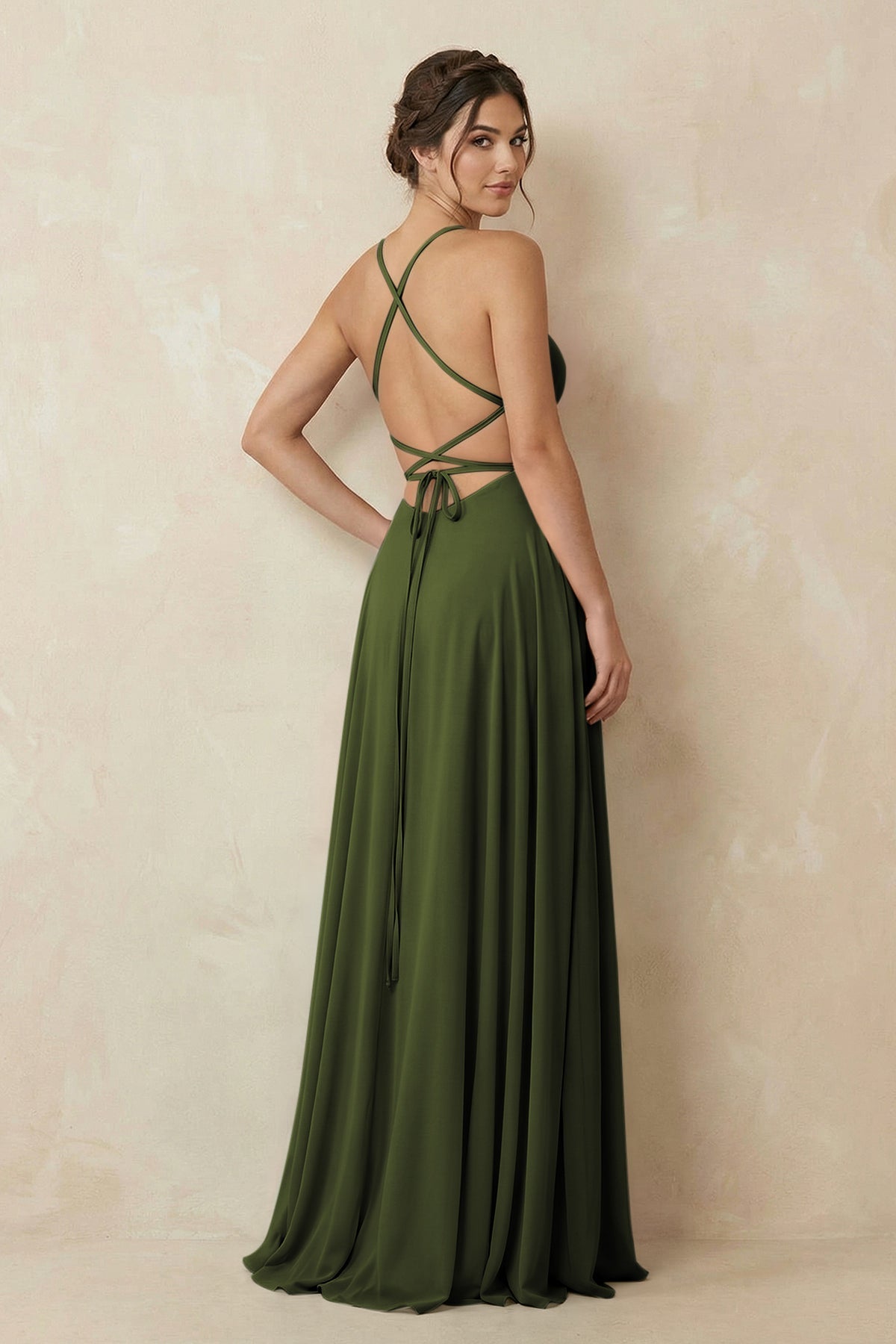 A-Line Chiffon Bridesmaid Dress With Slit in Olive