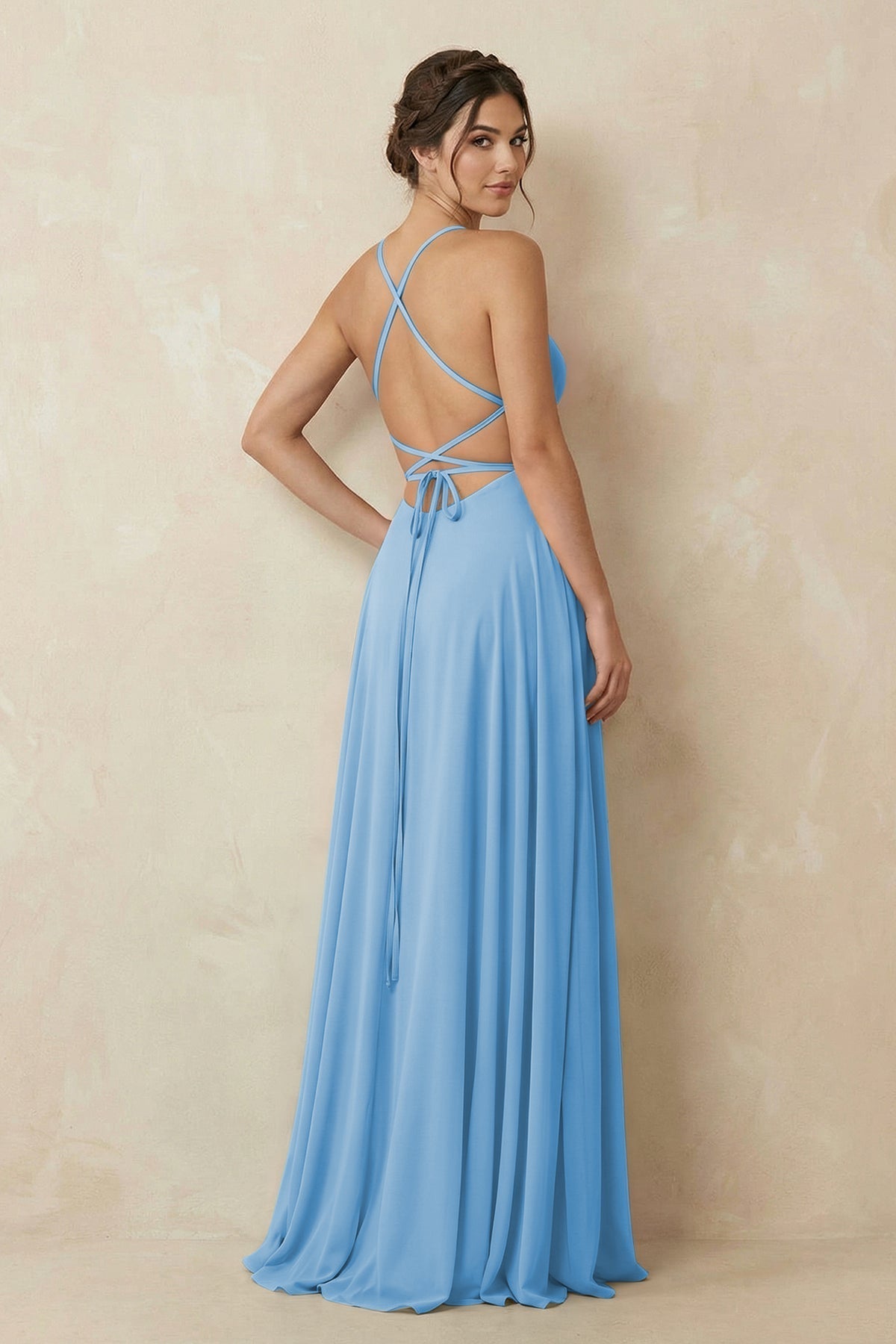 A-Line Chiffon Bridesmaid Dress With Slit in Steel Blue