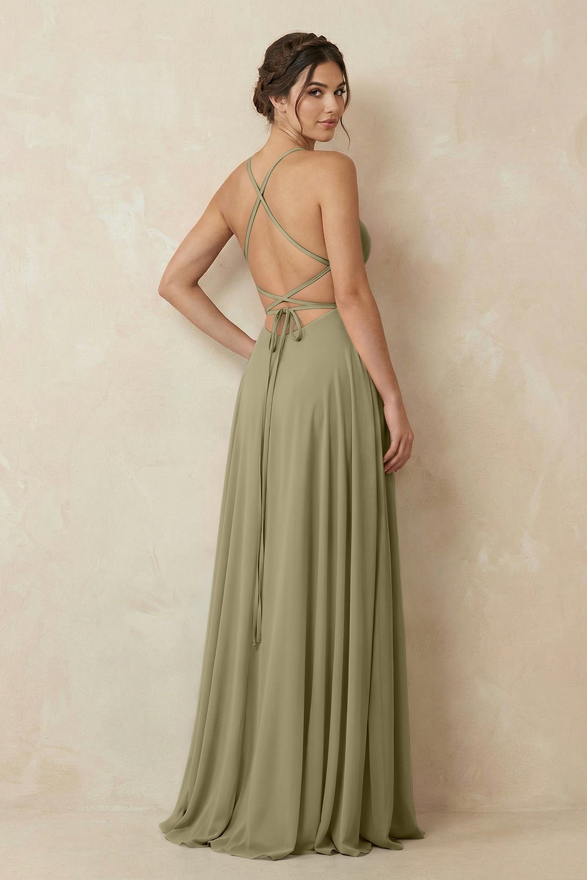 A-Line Chiffon Bridesmaid Dress With Slit in Thyme
