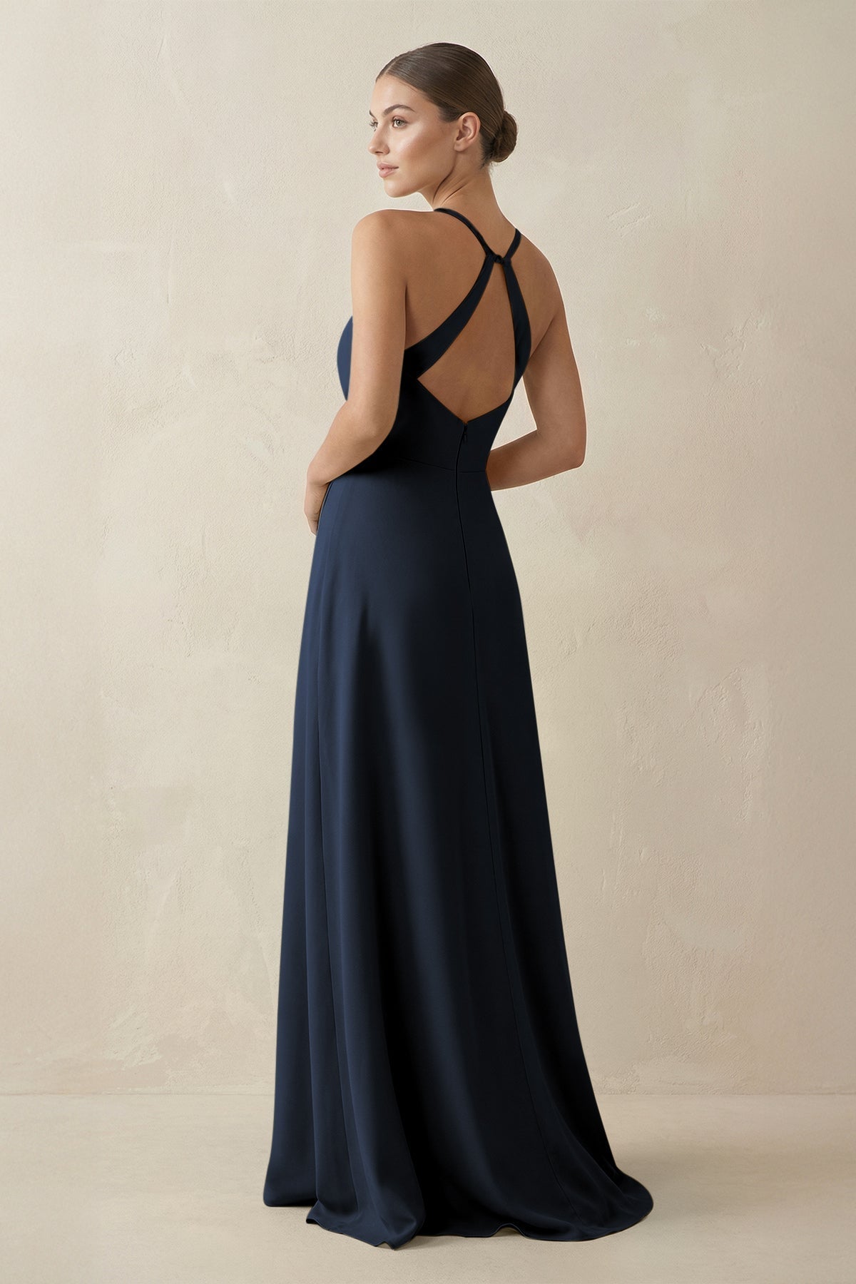 A-Line Chiffon Long Bridesmaid Dress With Slit in Dark Navy
