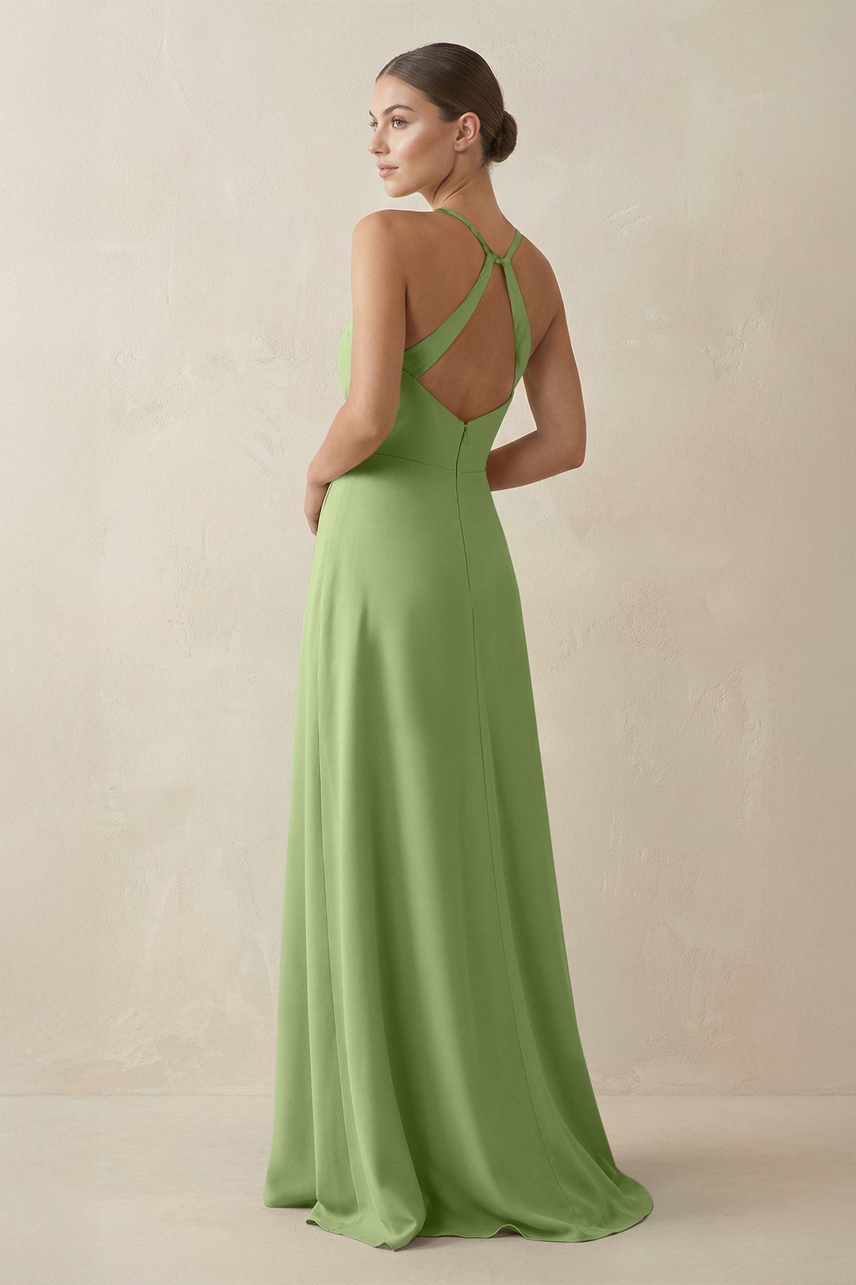 A-Line Chiffon Long Bridesmaid Dress With Slit in Matcha