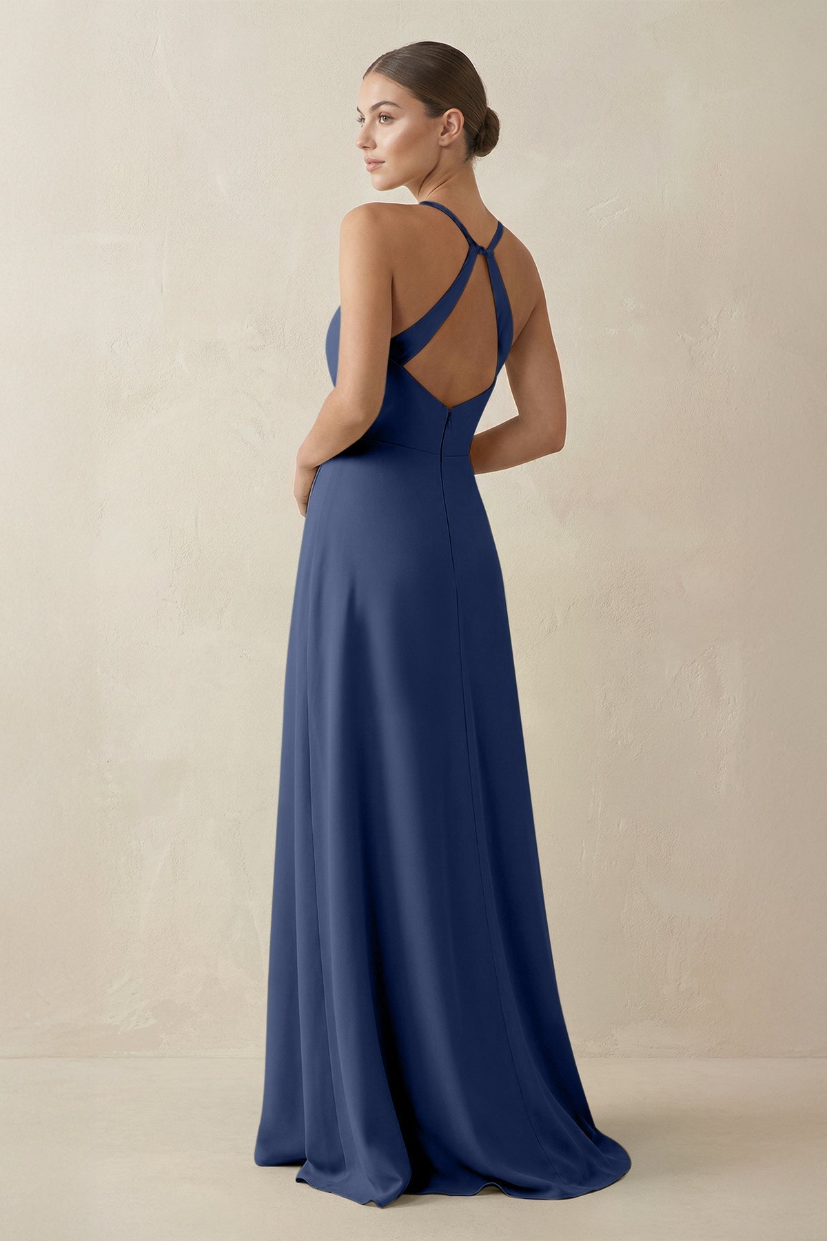 A-Line Chiffon Long Bridesmaid Dress With Slit in Navy