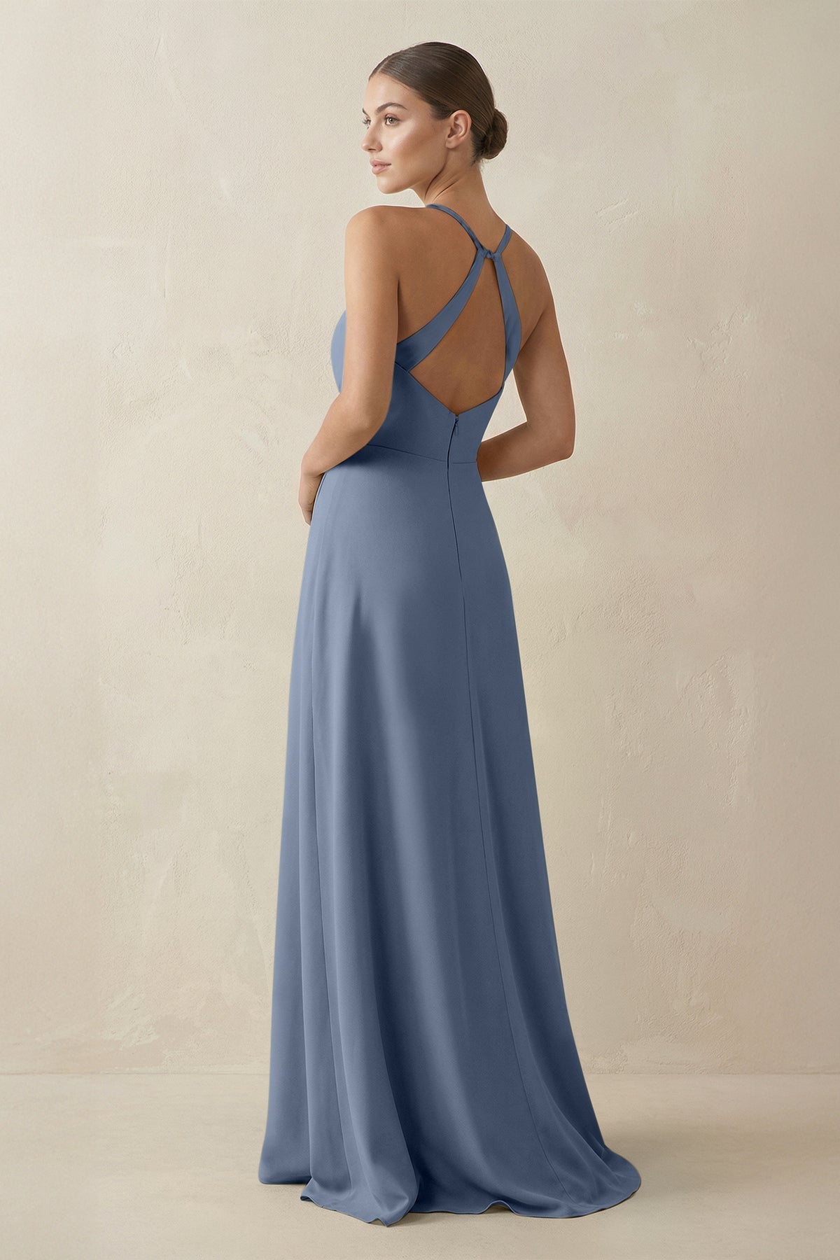 A-Line Chiffon Long Bridesmaid Dress With Slit in Neptune