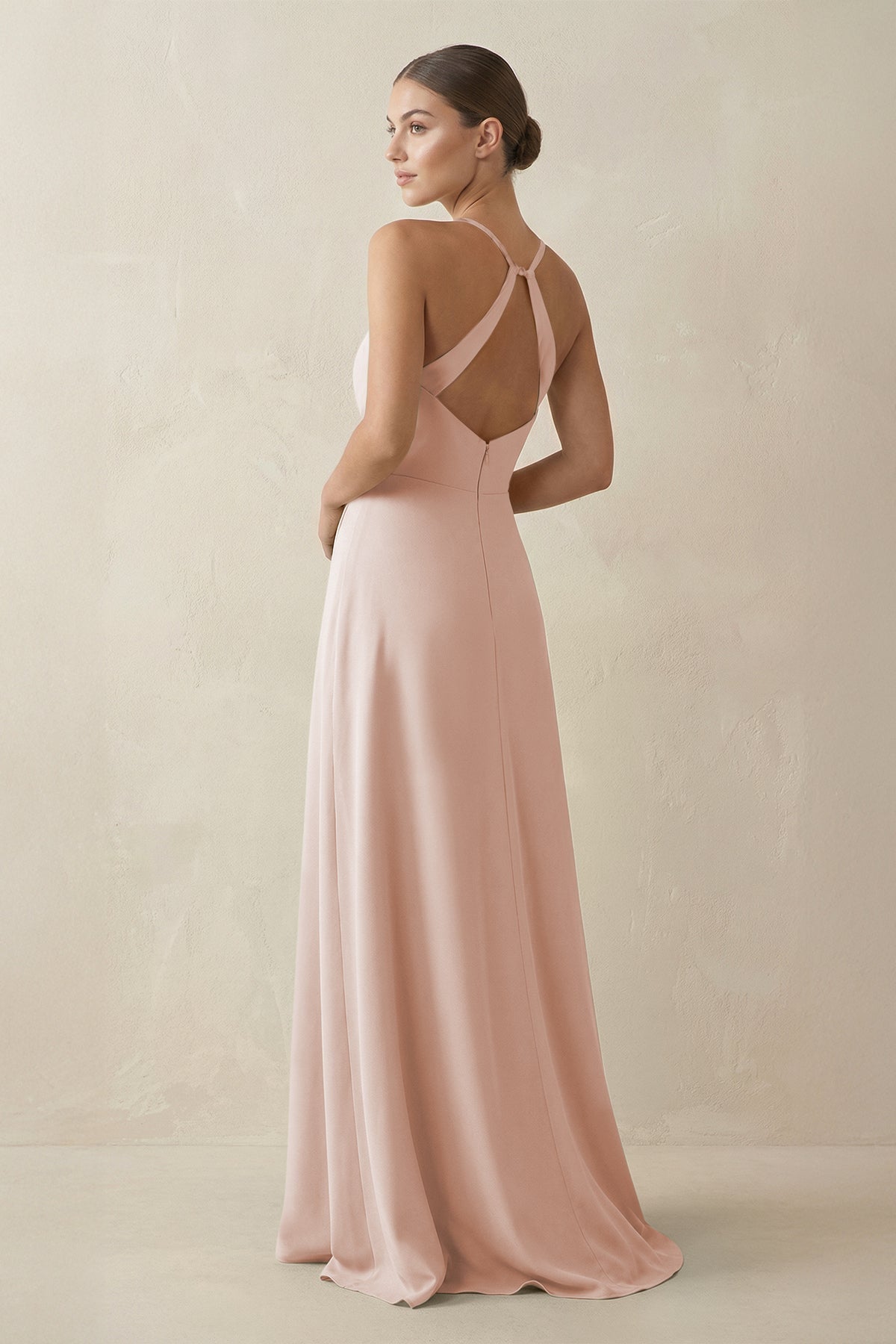 A-Line Chiffon Long Bridesmaid Dress With Slit in Pale Blush