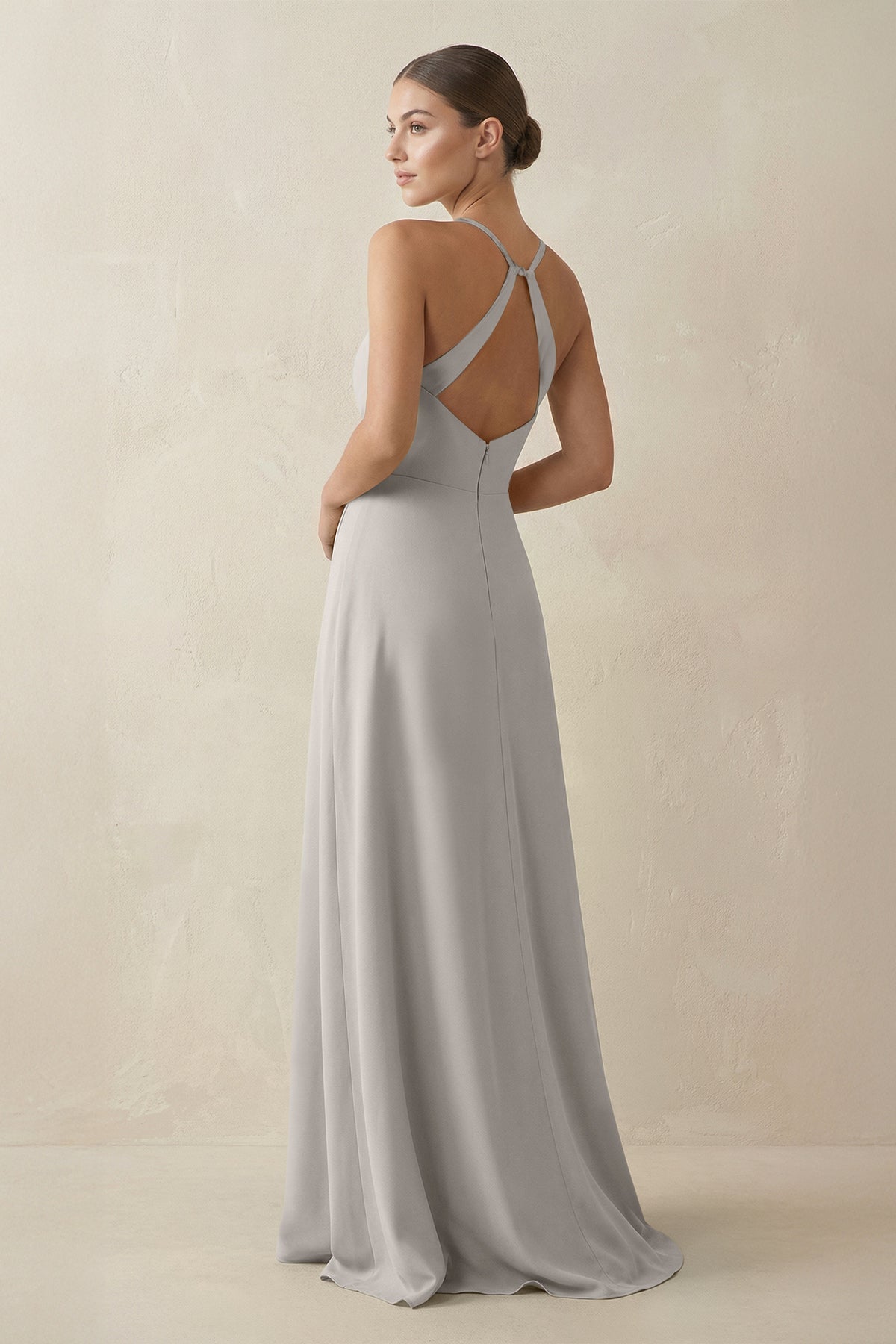 A-Line Chiffon Long Bridesmaid Dress With Slit in Silver
