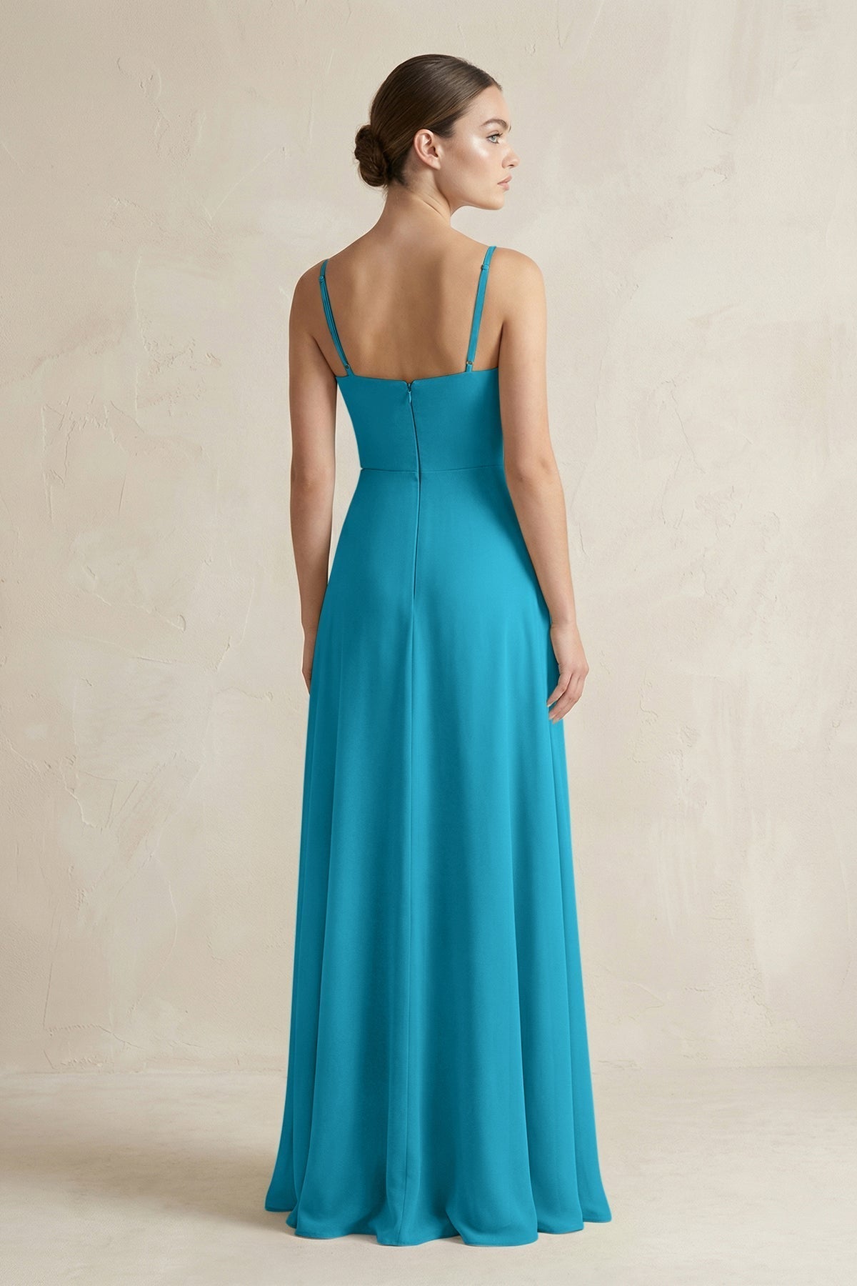 A-Line Chiffon Spaghetti Strap Bridesmaid Dress in Blue Jay