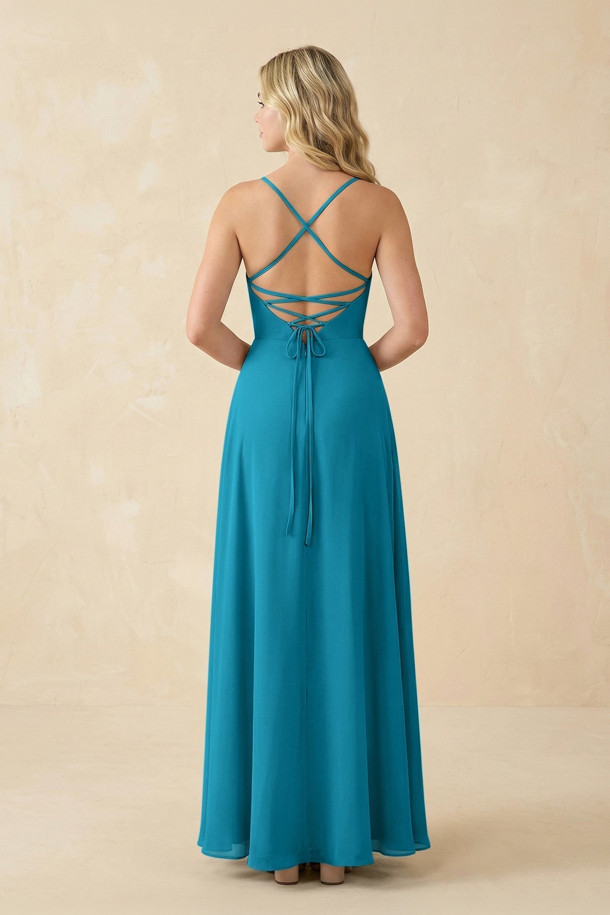 A-Line Chiffon Spaghetti Strap Bridesmaid Dress in Blue Jay