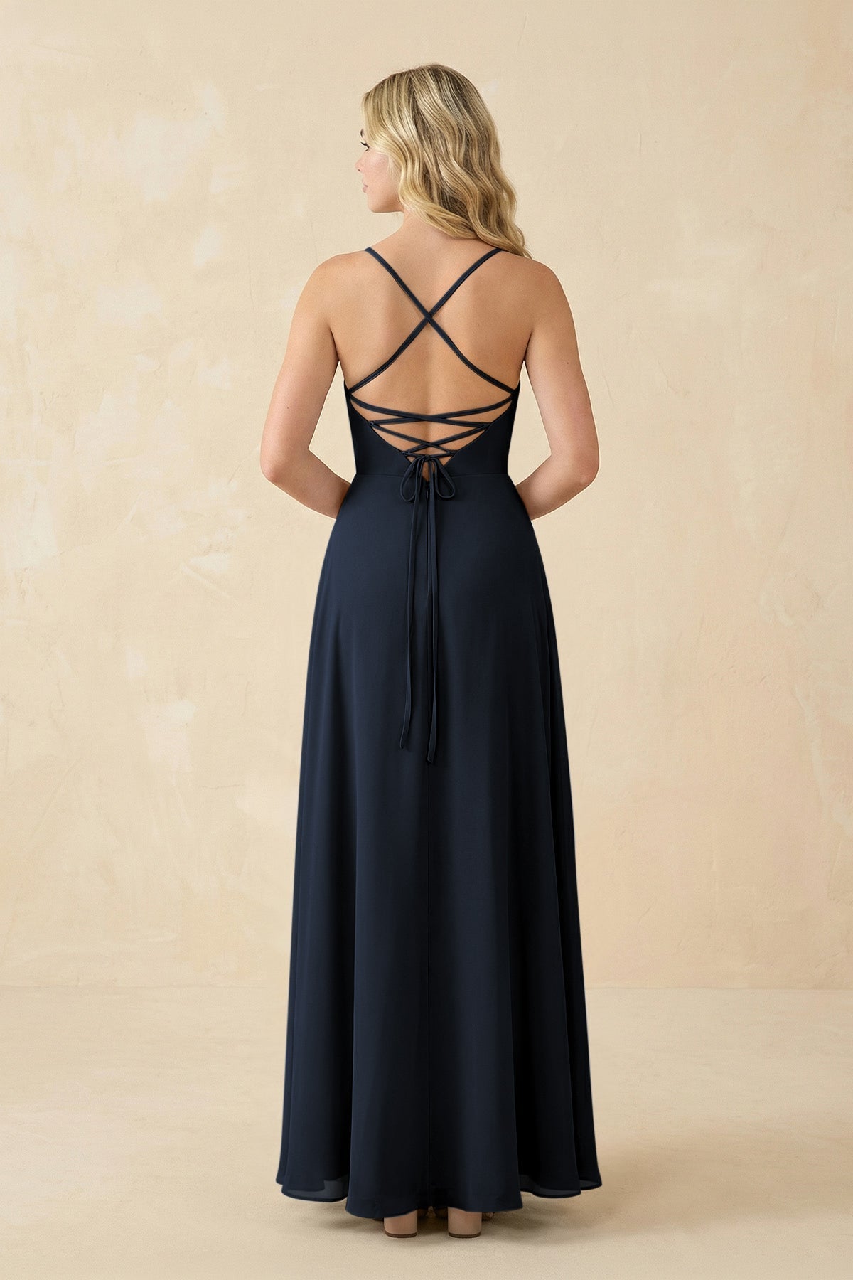 A-Line Chiffon Spaghetti Strap Bridesmaid Dress in Dark Navy