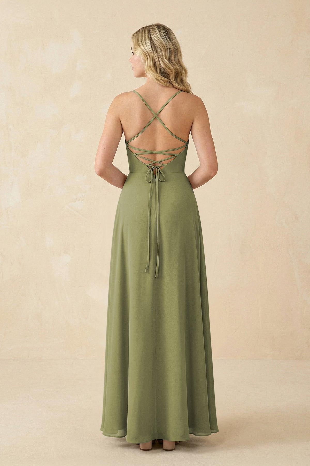 A-Line Chiffon Spaghetti Strap Bridesmaid Dress in Moss Green