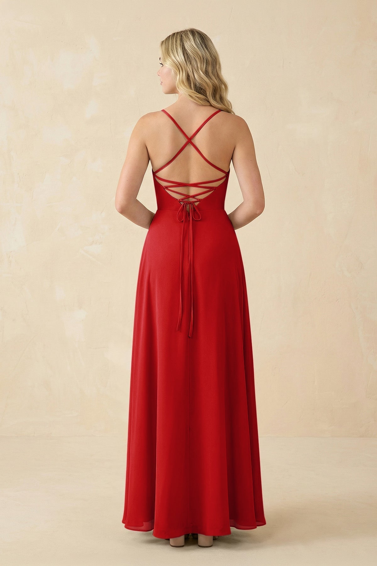 A-Line Chiffon Spaghetti Strap Bridesmaid Dress in Ruby Red