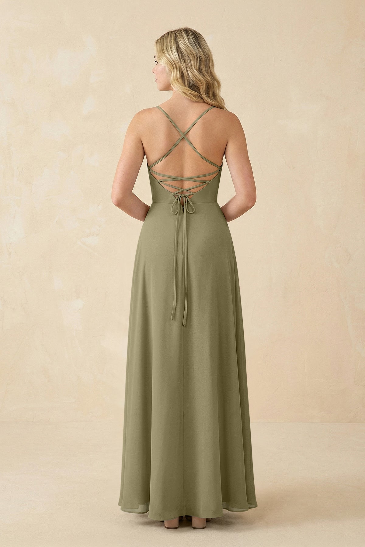 A-Line Chiffon Spaghetti Strap Bridesmaid Dress in Thyme
