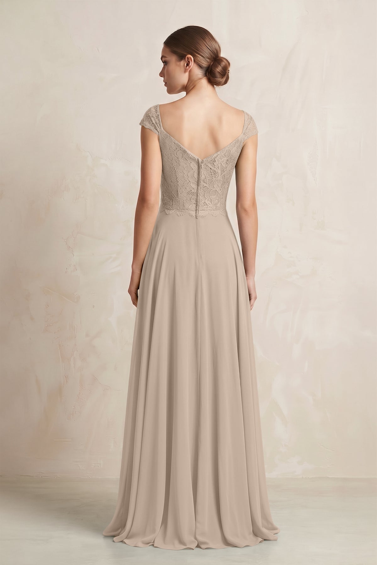 A-Line Chiffon V-Neck Pleated Bridesmaid Dress with Cap Sleeves in Almond