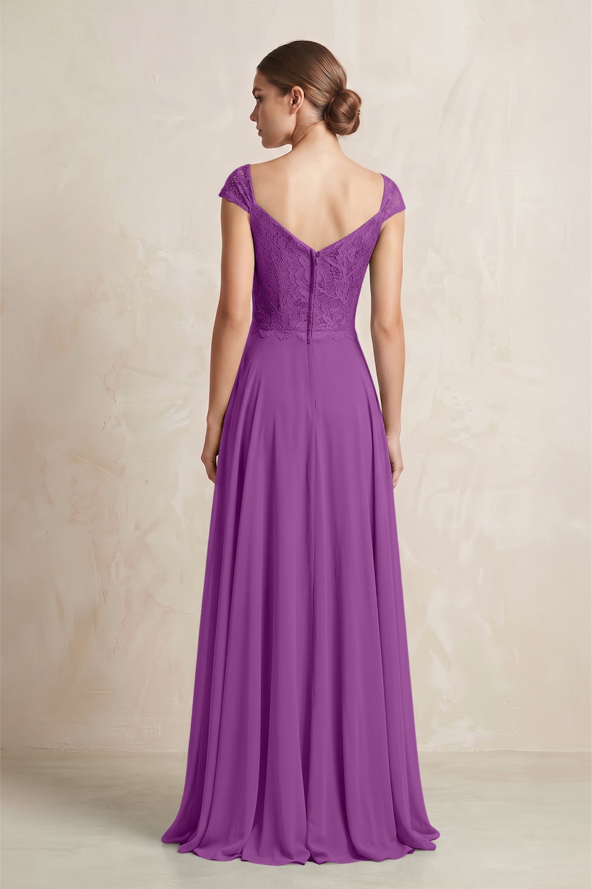 A-Line Chiffon V-Neck Pleated Bridesmaid Dress with Cap Sleeves in Amethyst