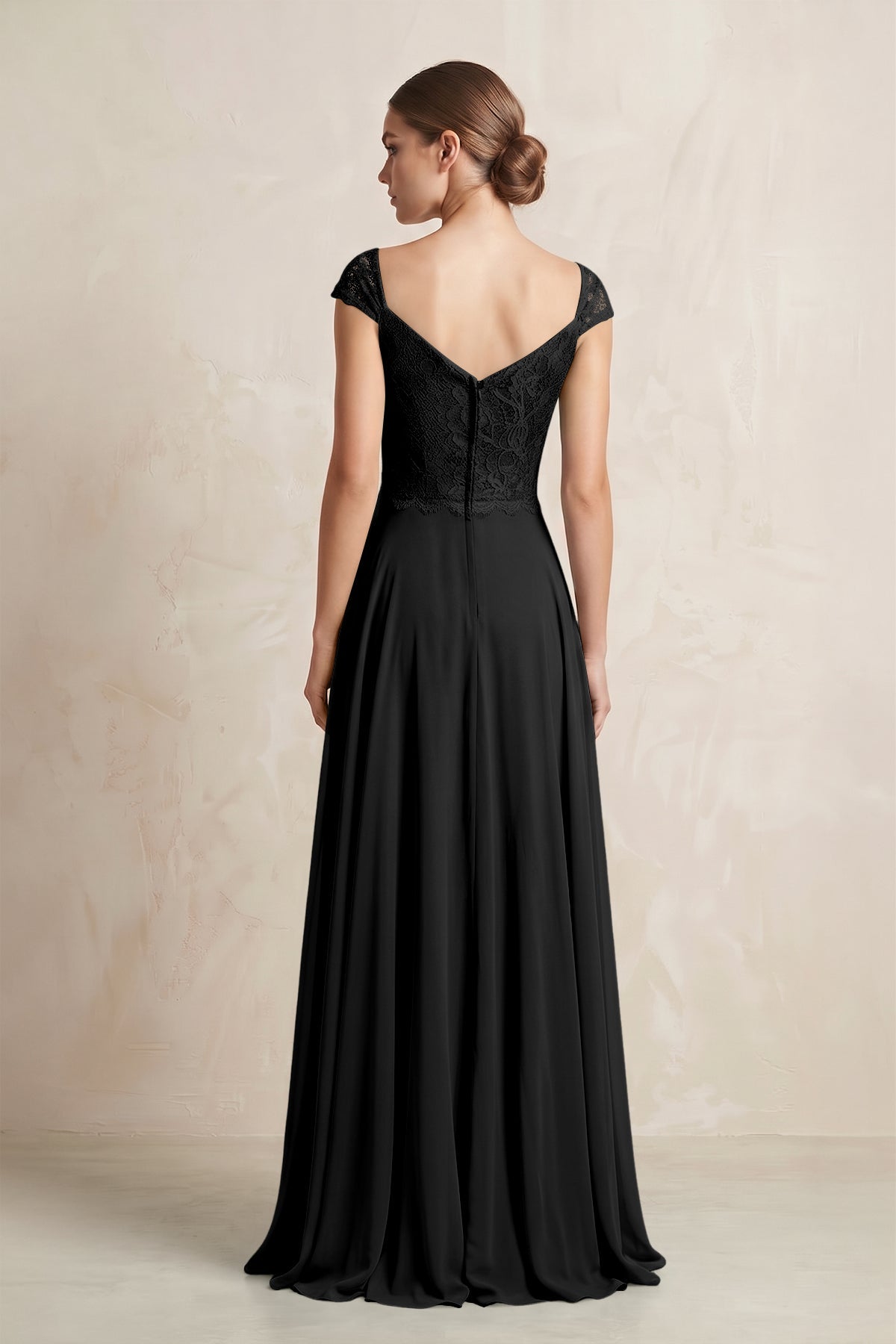 A-Line Chiffon V-Neck Pleated Bridesmaid Dress with Cap Sleeves in Black