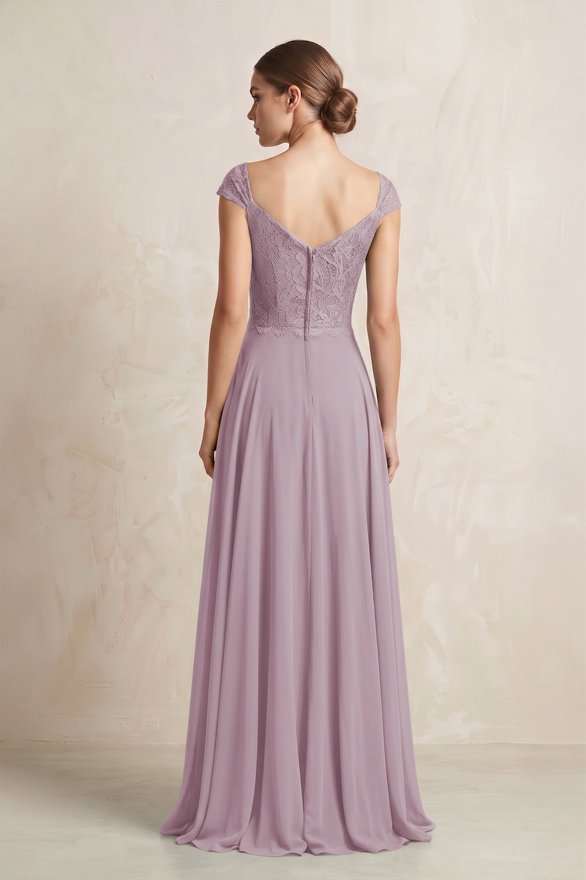 A-Line Chiffon V-Neck Pleated Bridesmaid Dress with Cap Sleeves in Dusk