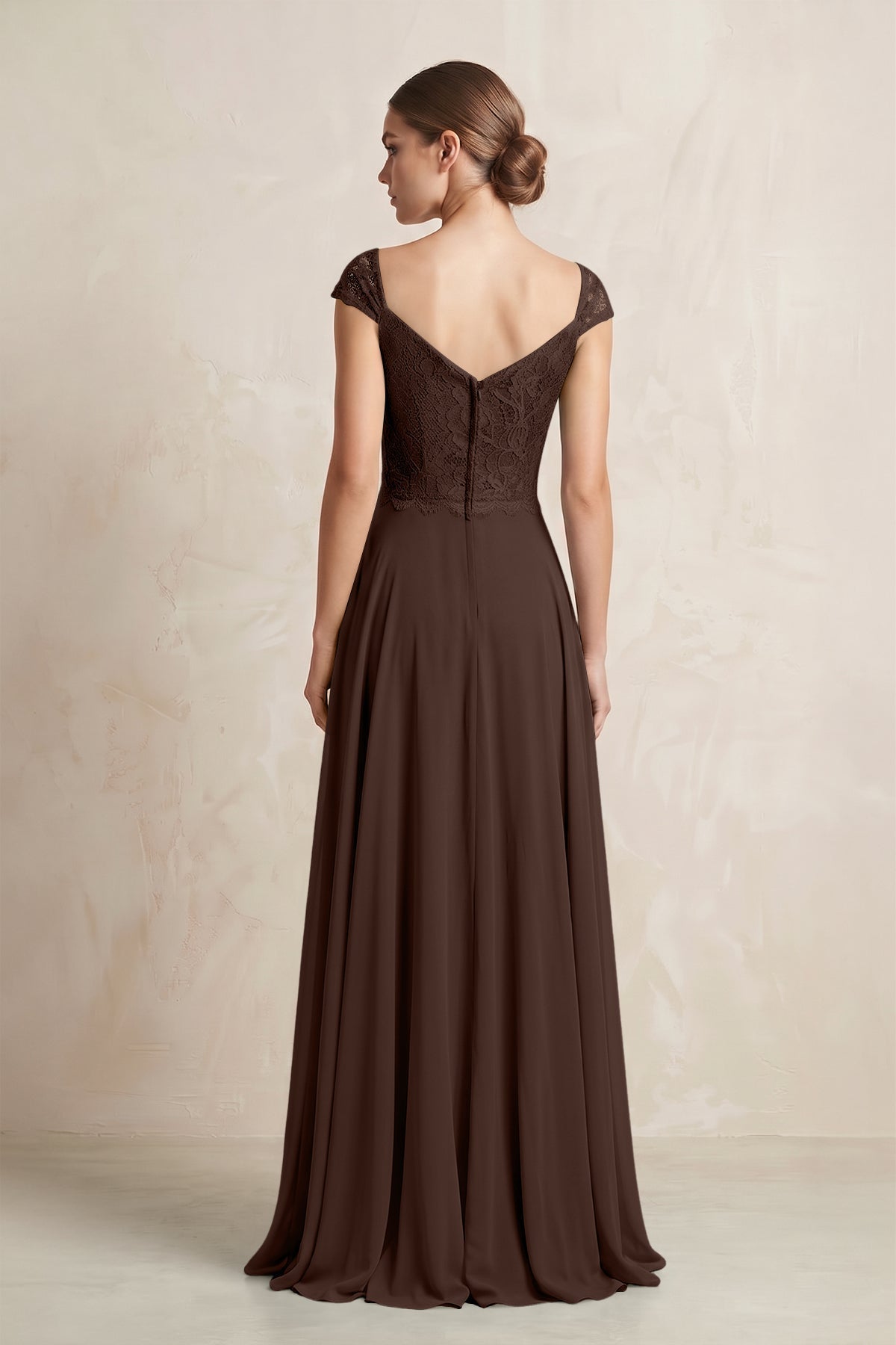 A-Line Chiffon V-Neck Pleated Bridesmaid Dress with Cap Sleeves in Espresso