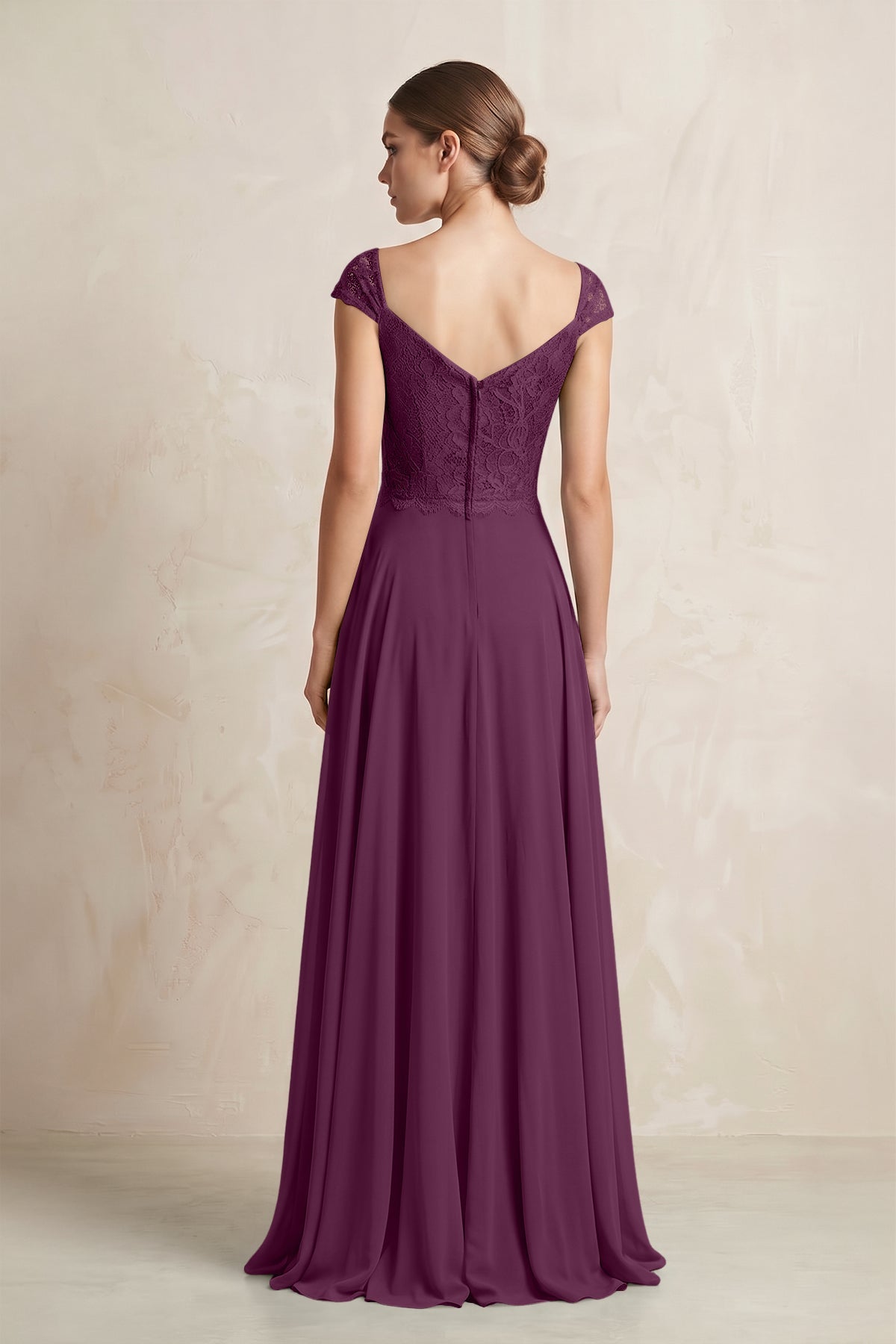 A-Line Chiffon V-Neck Pleated Bridesmaid Dress with Cap Sleeves in Fig