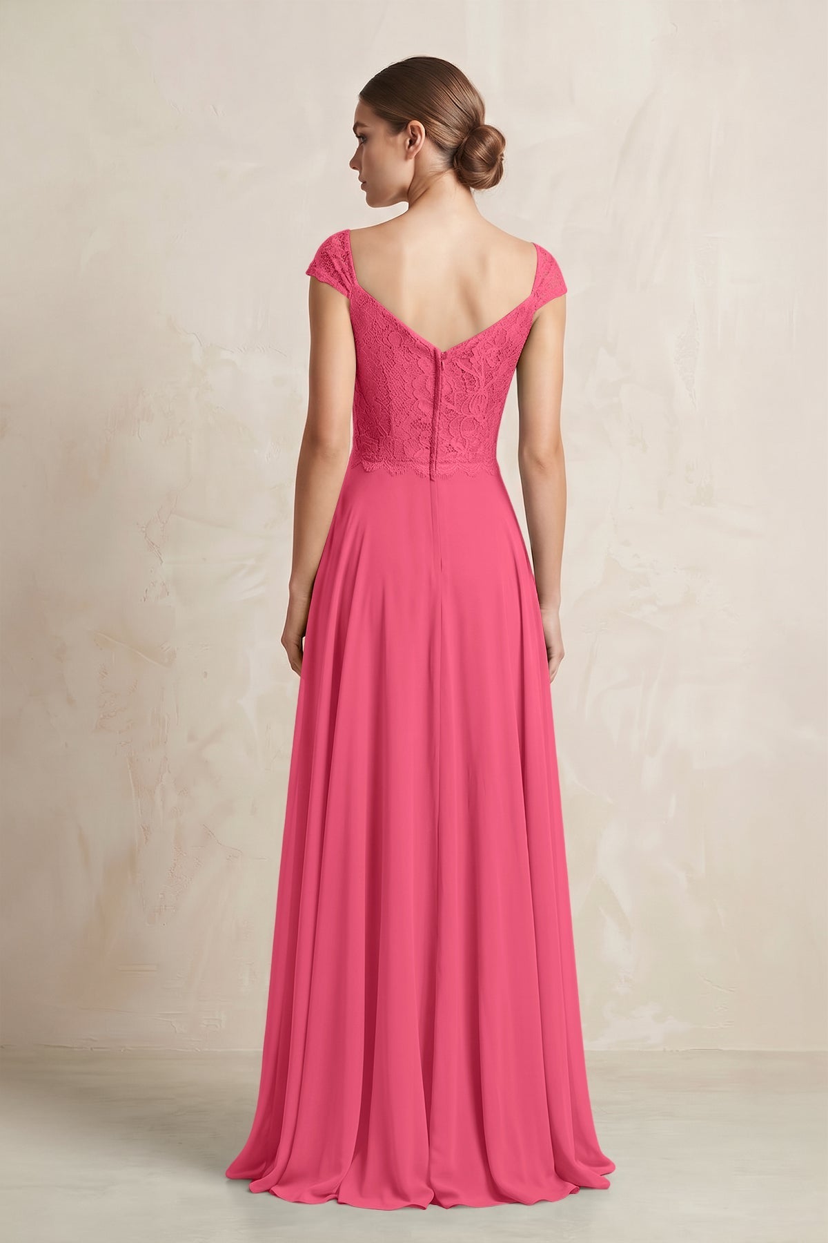 A-Line Chiffon V-Neck Pleated Bridesmaid Dress with Cap Sleeves in Fuchsia