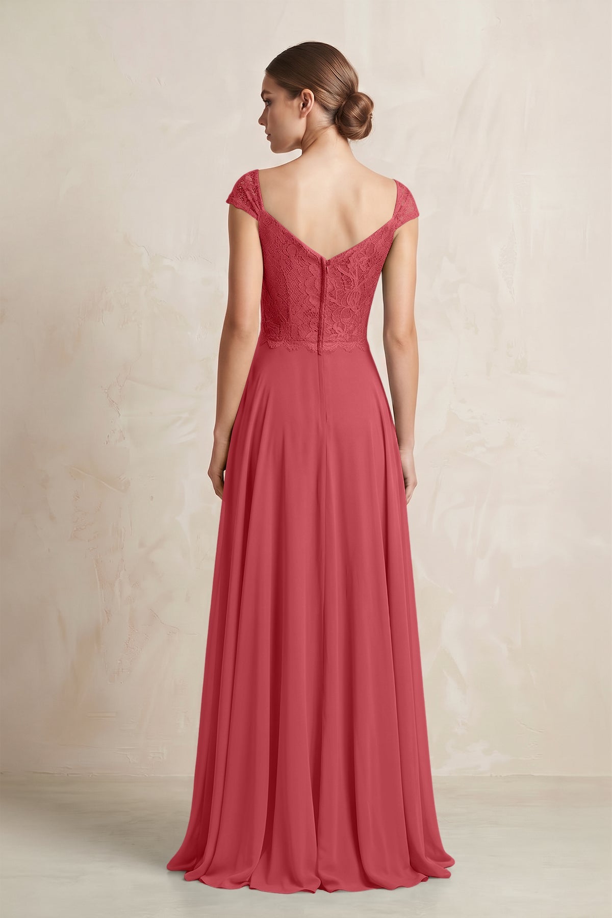 A-Line Chiffon V-Neck Pleated Bridesmaid Dress with Cap Sleeves in Merlot