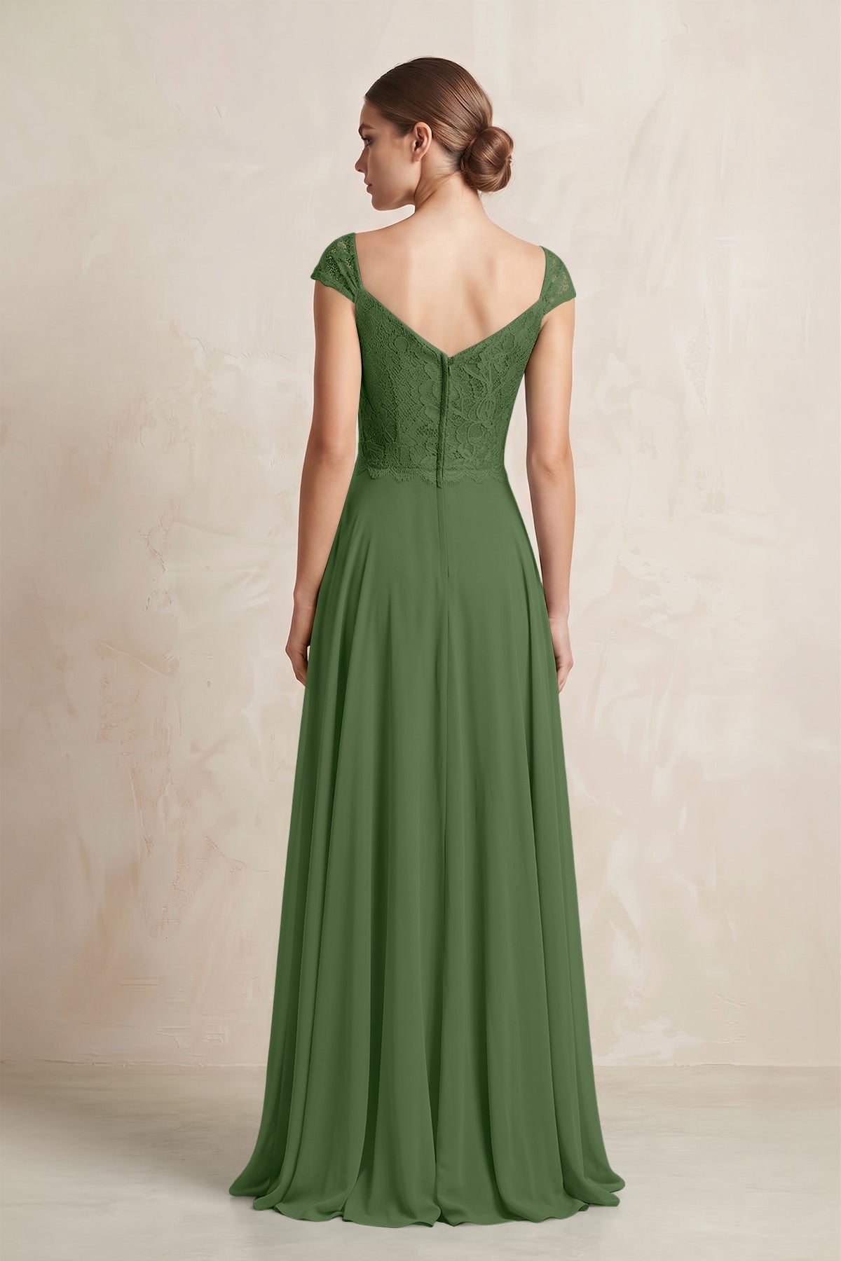A-Line Chiffon V-Neck Pleated Bridesmaid Dress with Cap Sleeves in Moss