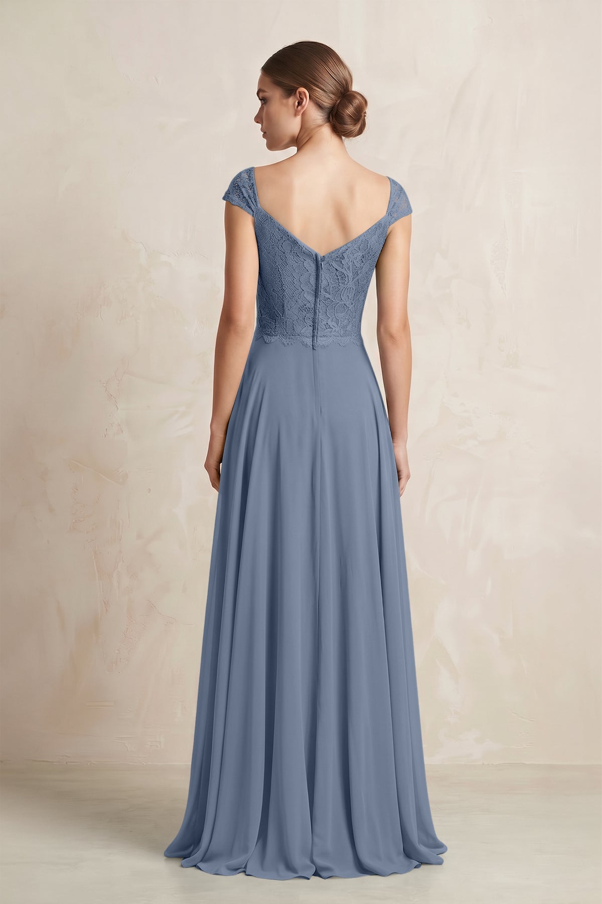 A-Line Chiffon V-Neck Pleated Bridesmaid Dress with Cap Sleeves in Neptune