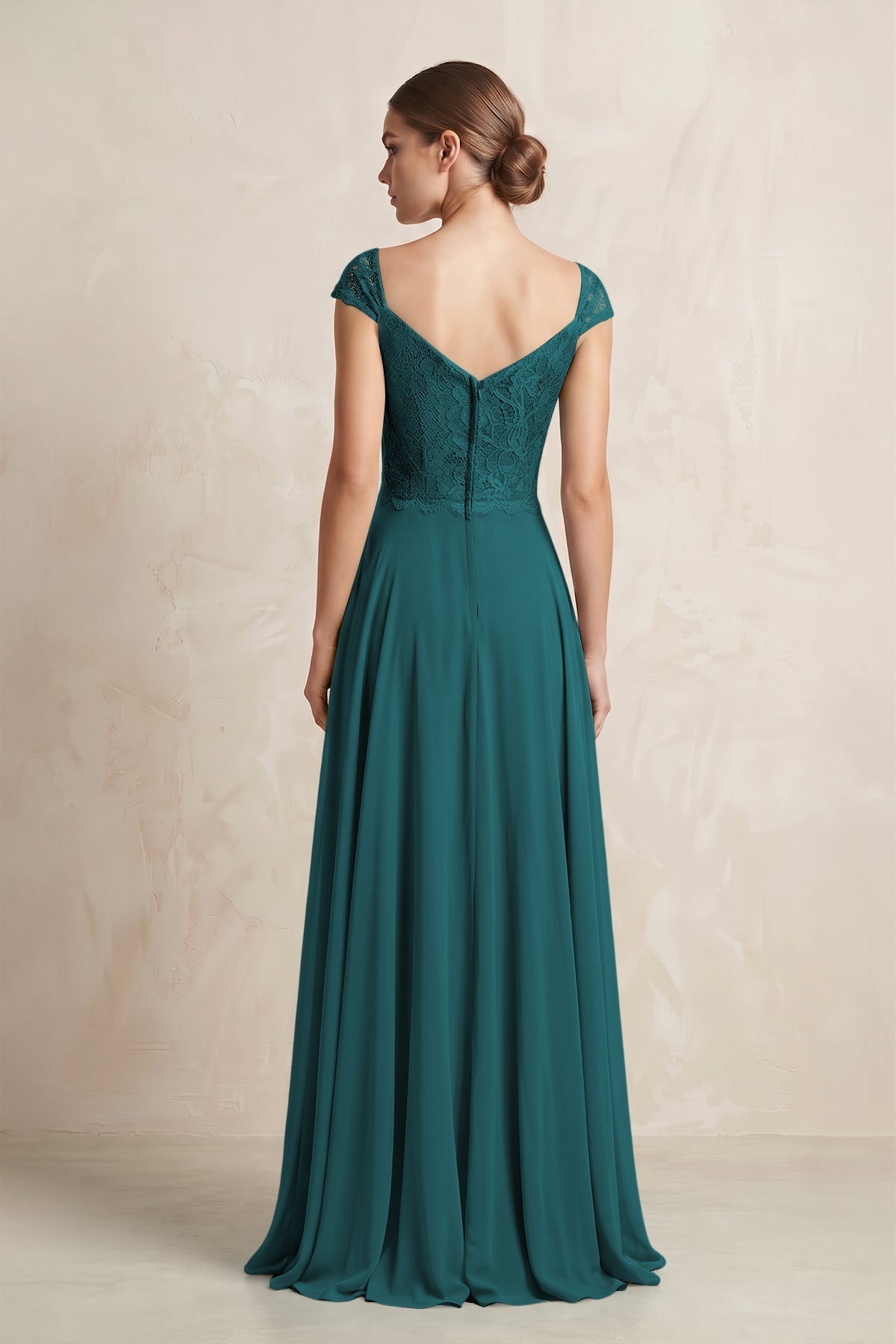 A-Line Chiffon V-Neck Pleated Bridesmaid Dress with Cap Sleeves in Pine