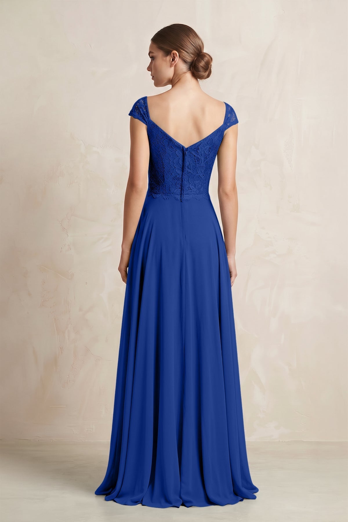 A-Line Chiffon V-Neck Pleated Bridesmaid Dress with Cap Sleeves in Royal Blue
