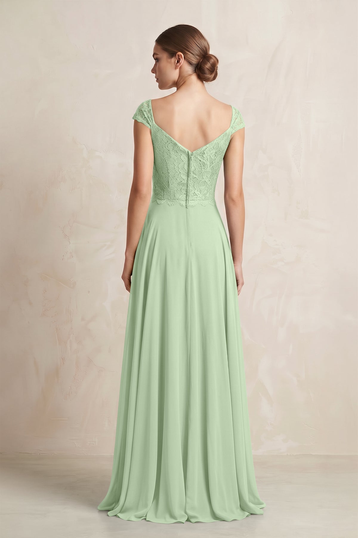 A-Line Chiffon V-Neck Pleated Bridesmaid Dress with Cap Sleeves in Sage