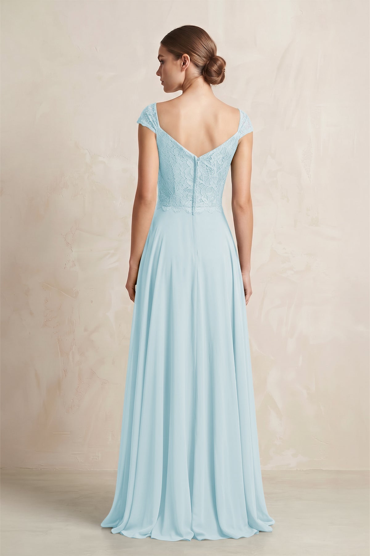 A-Line Chiffon V-Neck Pleated Bridesmaid Dress with Cap Sleeves in Sky Blue