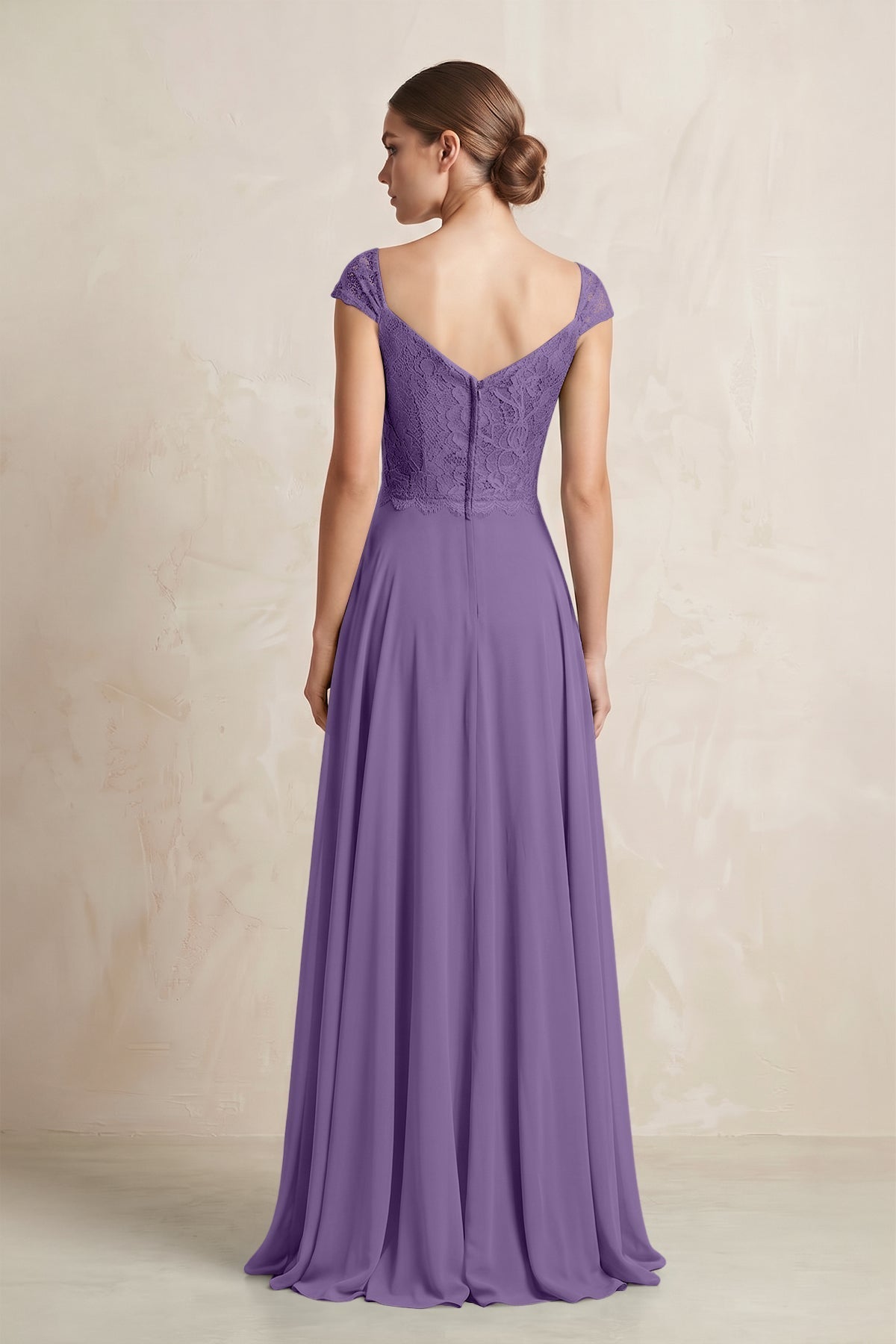 A-Line Chiffon V-Neck Pleated Bridesmaid Dress with Cap Sleeves in Tahiti