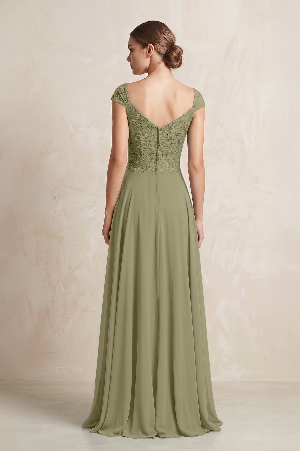A-Line Chiffon V-Neck Pleated Bridesmaid Dress with Cap Sleeves in Thyme