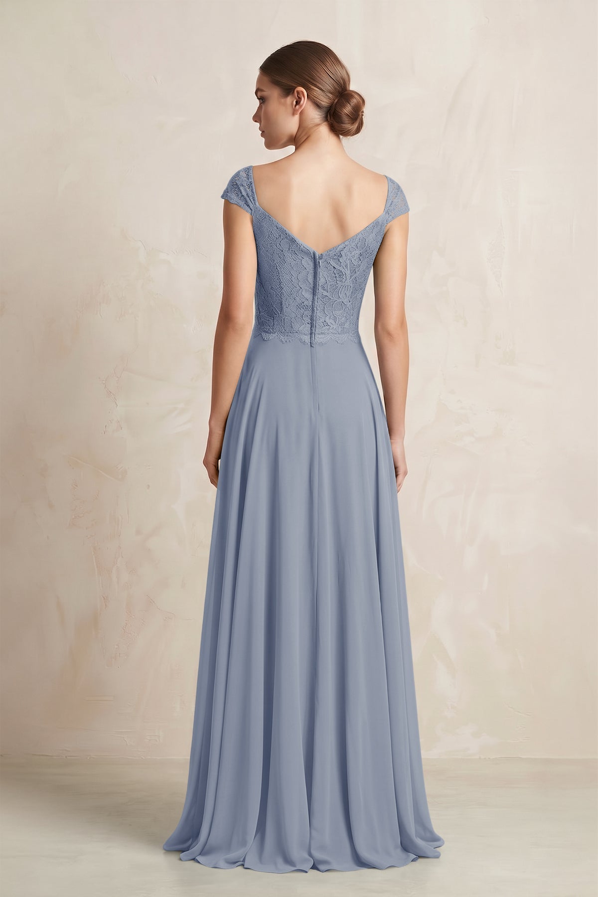 A-Line Chiffon V-Neck Pleated Bridesmaid Dress with Cap Sleeves in Twilight