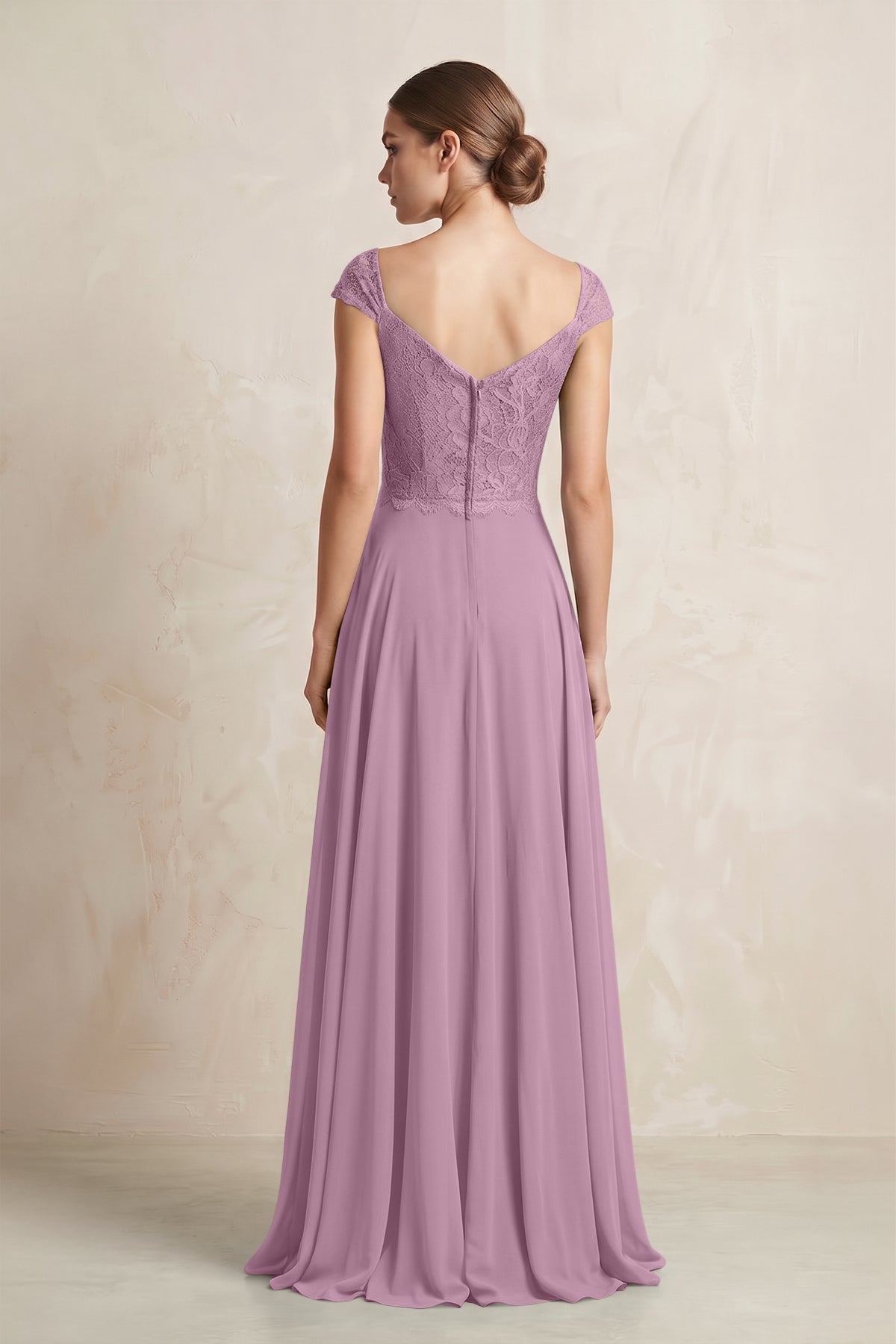 A-Line Chiffon V-Neck Pleated Bridesmaid Dress with Cap Sleeves in Wisteria