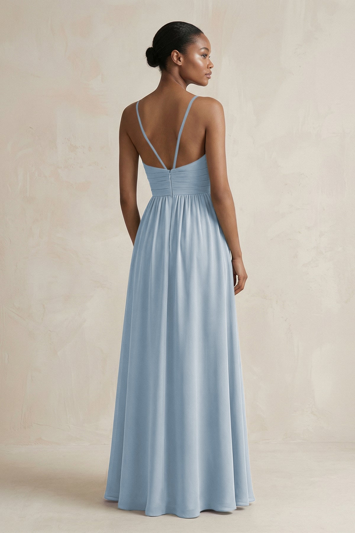 A-Line Halter Chiffon Ruched Bridesmaid Dress in Dusty Blue