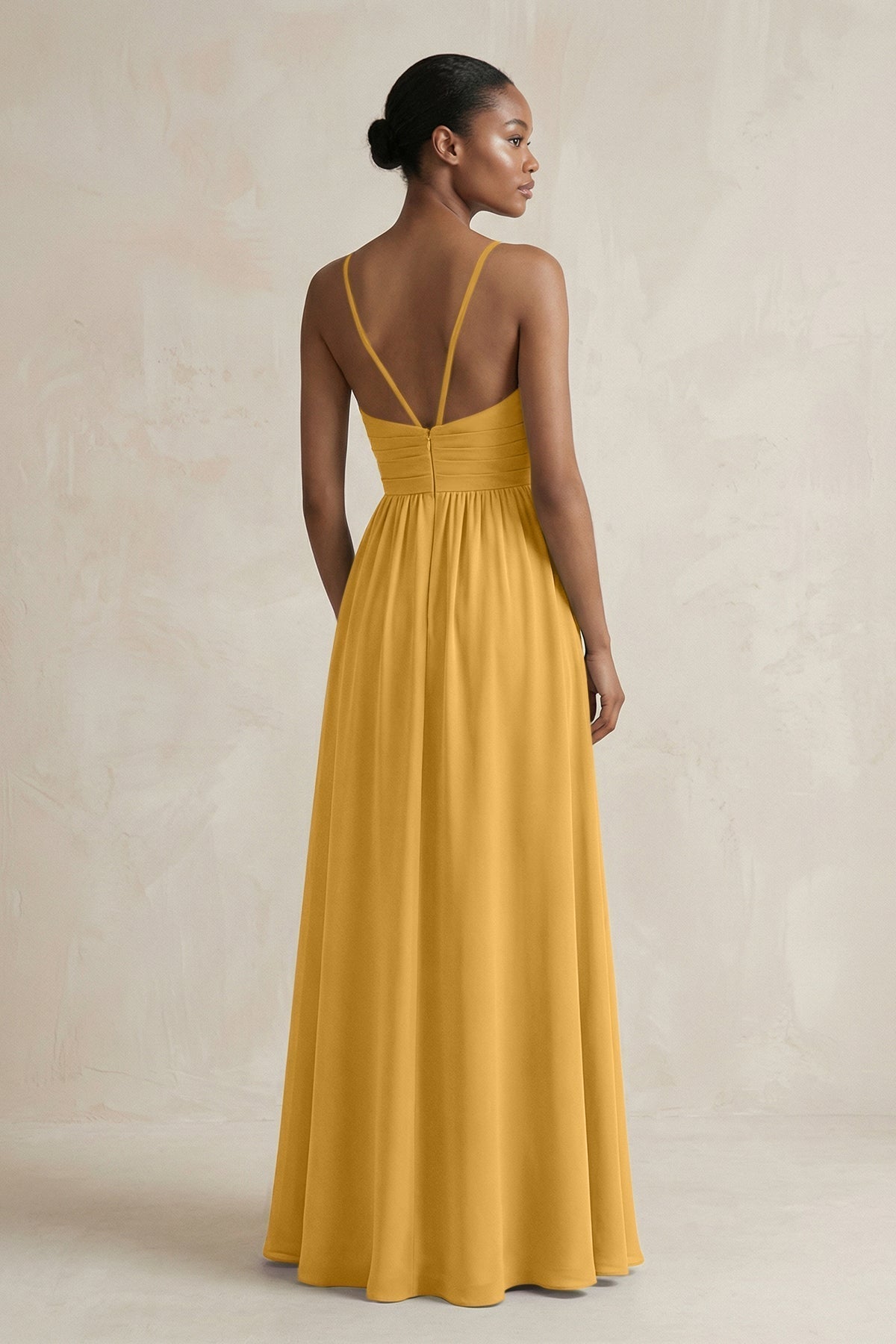 A-Line Halter Chiffon Ruched Bridesmaid Dress in Marigold